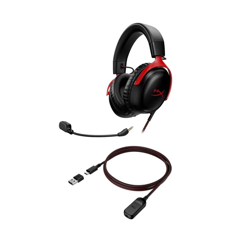 HyperX Cloud III – Wired Gaming Headset, PC, PS5, Xbox Series X|S, Angled 53mm Drivers, DTS Spatial Audio, Memory Foam, Durable Frame, Ultra-Clear 10mm Mic, USB-C, USB-A, 3.5mm – Black/Red