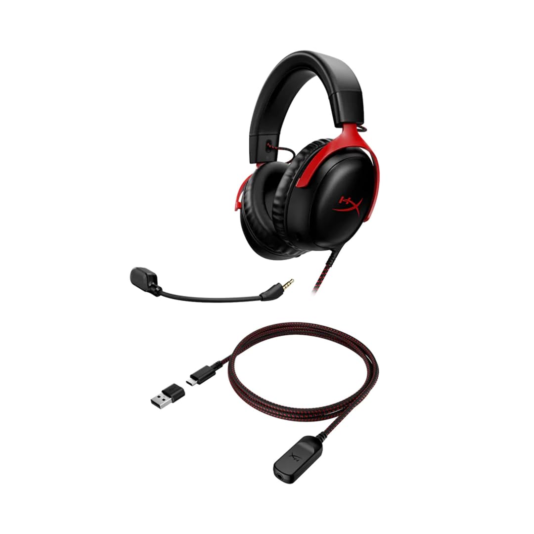 HyperX Cloud III – Wired Gaming Headset, PC, PS5, Xbox Series X|S, Angled 53mm Drivers, DTS Spatial Audio, Memory Foam, Durable Frame, Ultra-Clear 10mm Mic, USB-C, USB-A, 3.5mm – Black/Red