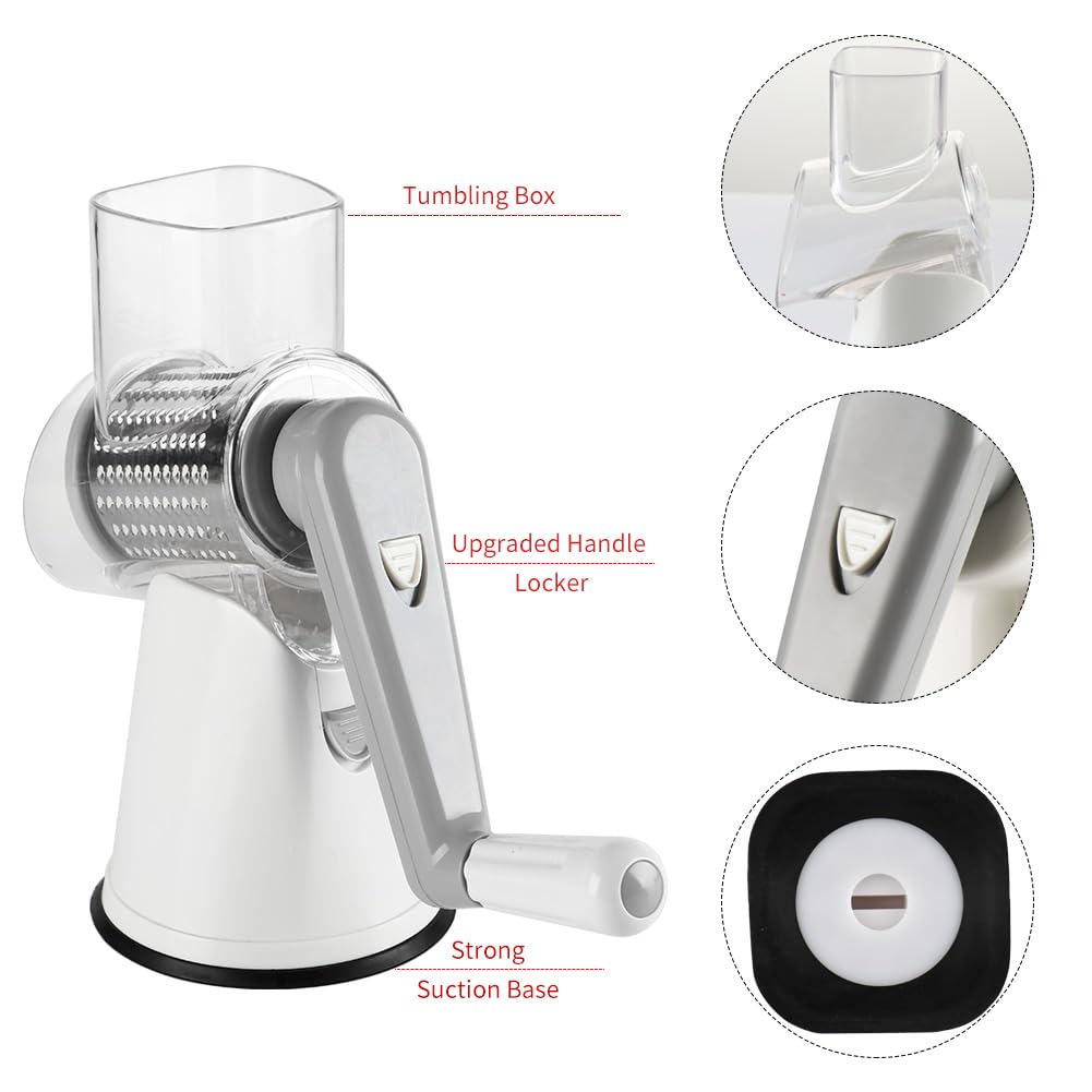 Cambom Rotary Cheese Grater Hand Crank Cheese Shredder for Fresh Cheese, Vegetable, Nuts,Non-slip Suction Base, Three Blades, Black