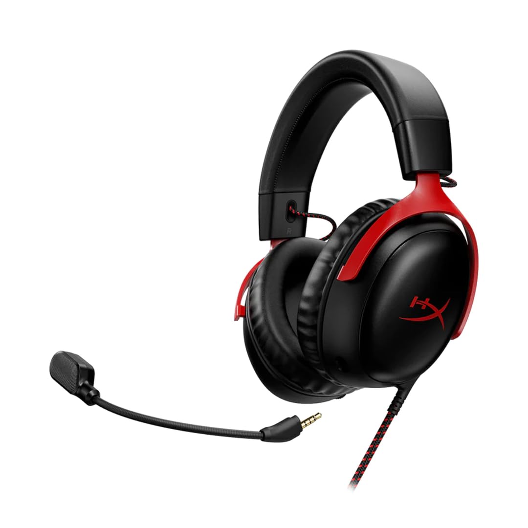 HyperX Cloud III – Wired Gaming Headset, PC, PS5, Xbox Series X|S, Angled 53mm Drivers, DTS Spatial Audio, Memory Foam, Durable Frame, Ultra-Clear 10mm Mic, USB-C, USB-A, 3.5mm – Black/Red