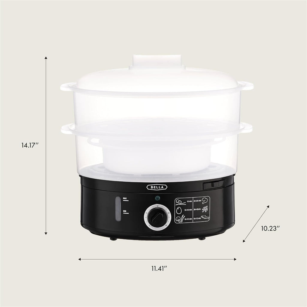 BELLA Two Tier Food Steamer with Stackable Baskets & Removable Base for Fast Simultaneous Cooking - Auto Shutoff & Boil Dry Protection, 7.4 QT, Black