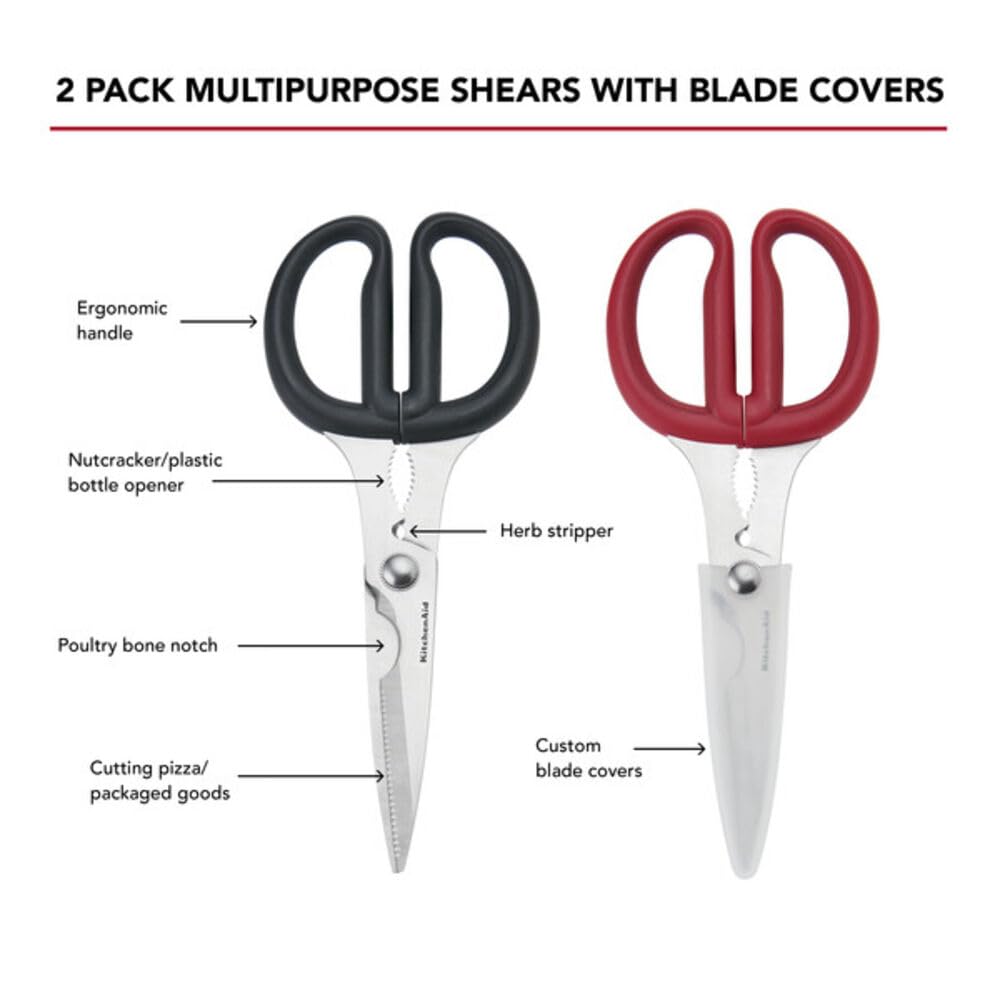 KitchenAid All Purpose Kitchen Shears with Protective Sheath Durable Stainless Steel Scissors, Dishwasher Safe, Soft Grip Comfort Handle, 8.72 Inch, Black
