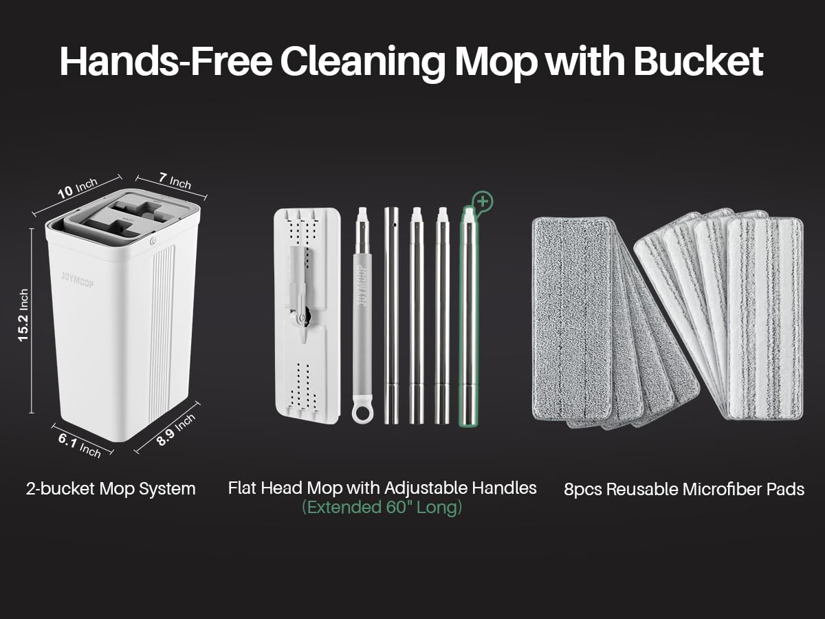 JOYMOOP Mop and Bucket Set, Hands-Free Flat Floor Mop with 3 Washable Microfiber Pads, Wet and Dry Use, Ideal for Home and Commercial Floor Cleaning