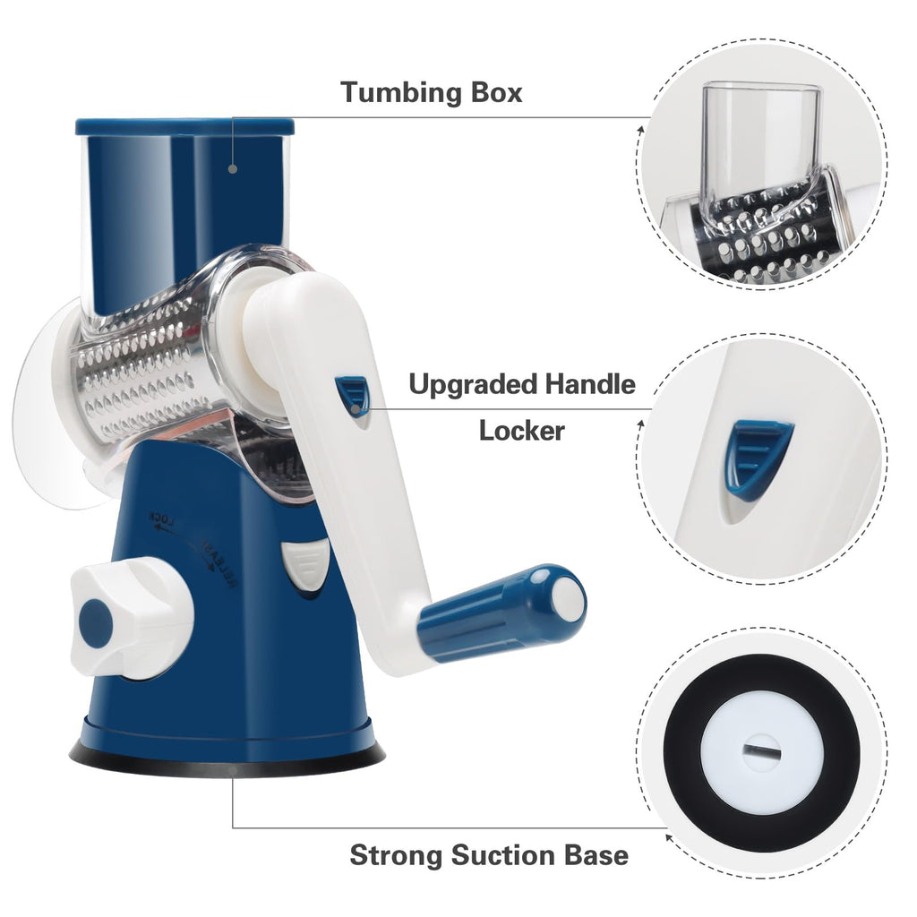Cambom Rotary Cheese Grater Hand Crank Cheese Shredder for Fresh Cheese, Vegetable, Nuts,Non-slip Suction Base, Three Blades, Black