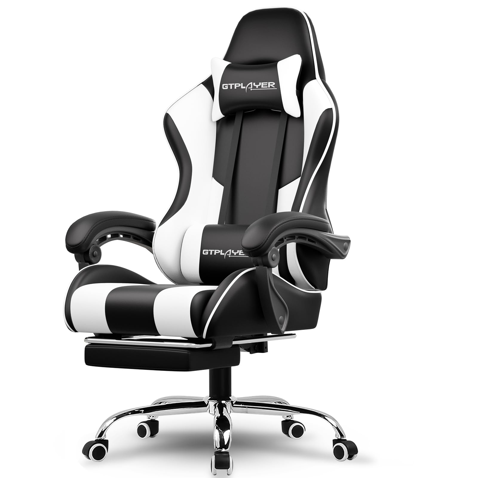 GTPLAYER Gaming Chair, Computer Chair with Footrest and Lumbar Support, Height Adjustable Game Chair with 360°-Swivel Seat and Headrest and for Office or Gaming (Pearl White)