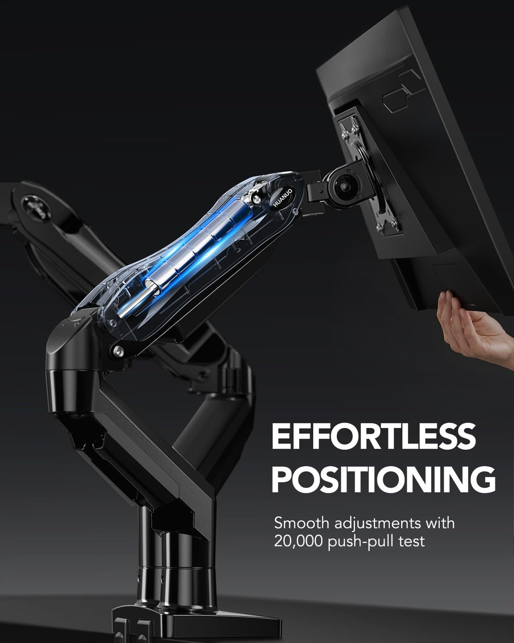HUANUO FlowLift™ Dual Monitor Stand, Fully Adjustable Gaming Monitor Desk Mount for 13–32″ Computer Screens, Full Motion VESA 75x75/100x100 with C-Clamp & Grommet Base, Each Arm Holds 4.4 to 19.8 lbs