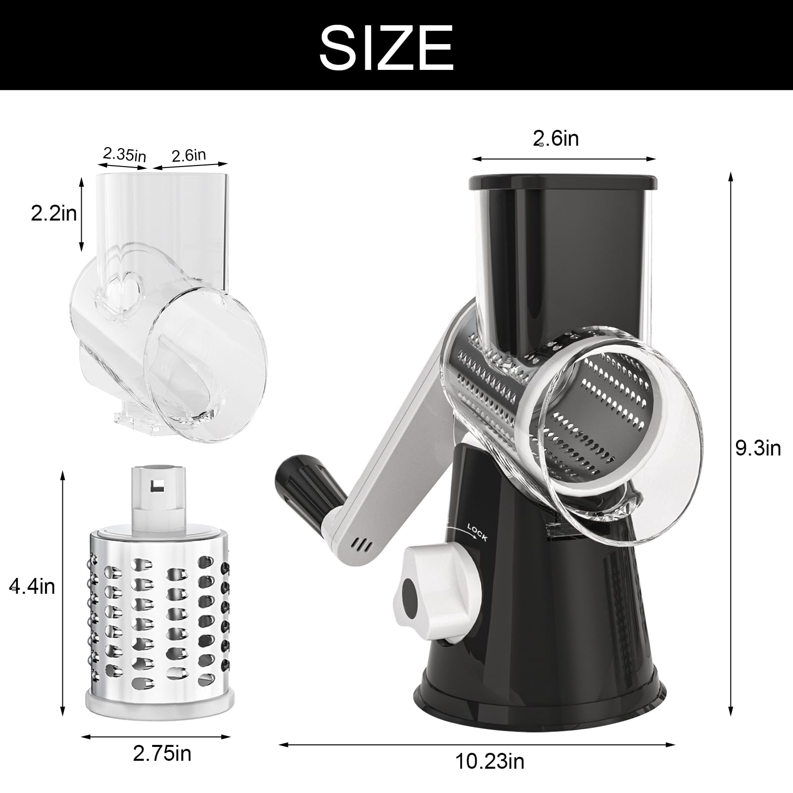 Cambom Rotary Cheese Grater Hand Crank Cheese Shredder for Fresh Cheese, Vegetable, Nuts,Non-slip Suction Base, Three Blades, Black