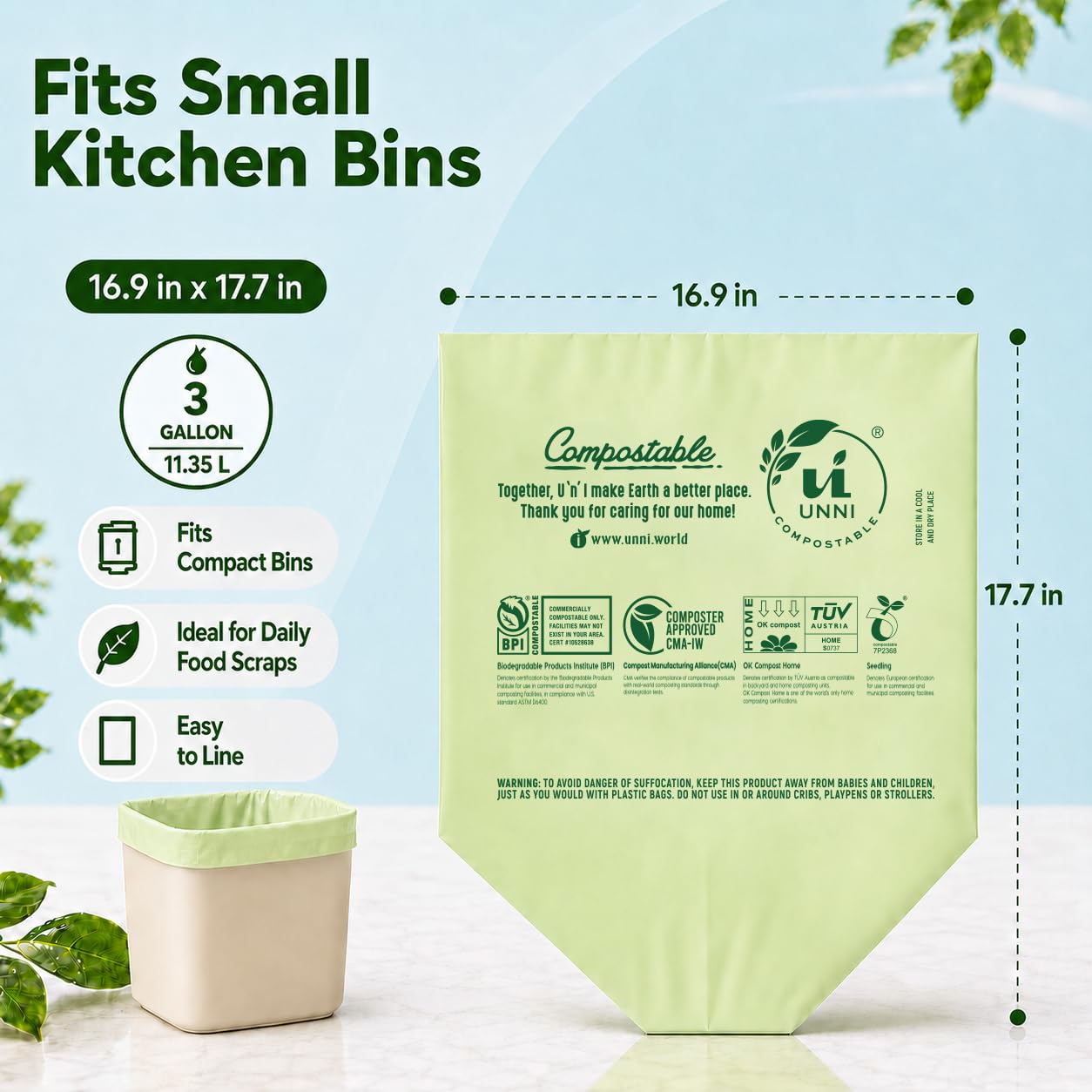 UNNI Compostable Trash Bags, 2.6 Gallon / 9.84 Liter, 100 Count, Extra Thick 0.71 Mil Small Kitchen Food Scrap Bin Liners, Certified by BPI, CMA & OK compost HOME, Meets the ASTM D6400 Standard