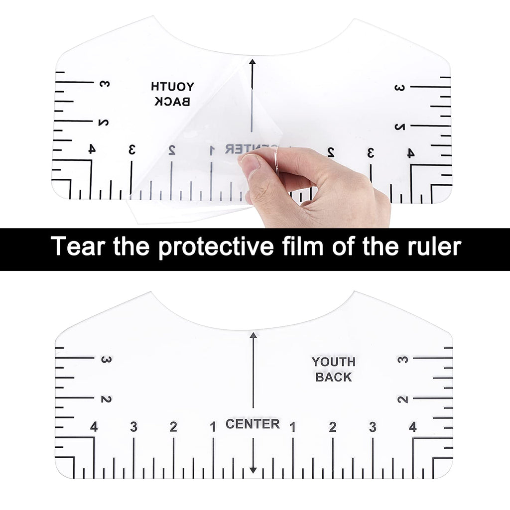 9Pcs Tshirt-Ruler Guide to Center Vinyl, Transparent V-Neck/Round PVC Ruler for Alignment, Heat Press, Children Youth Adult, Front and Back Measurement (10in)