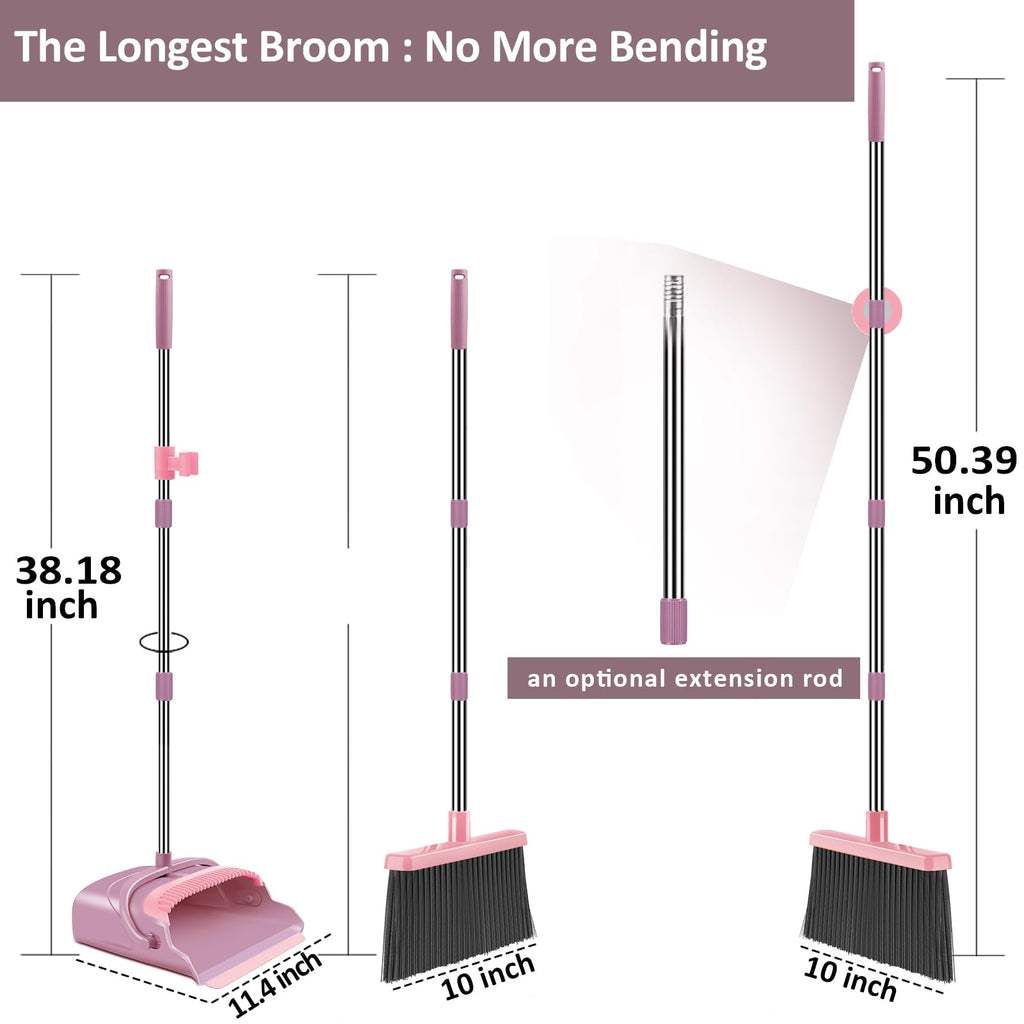 Upgrade Broom and Dustpan Set, Large Size and with Long Handle, Upright,Ideal for Indoor Outdoor Garage Kitchen Room Office Lobby Use (Green)