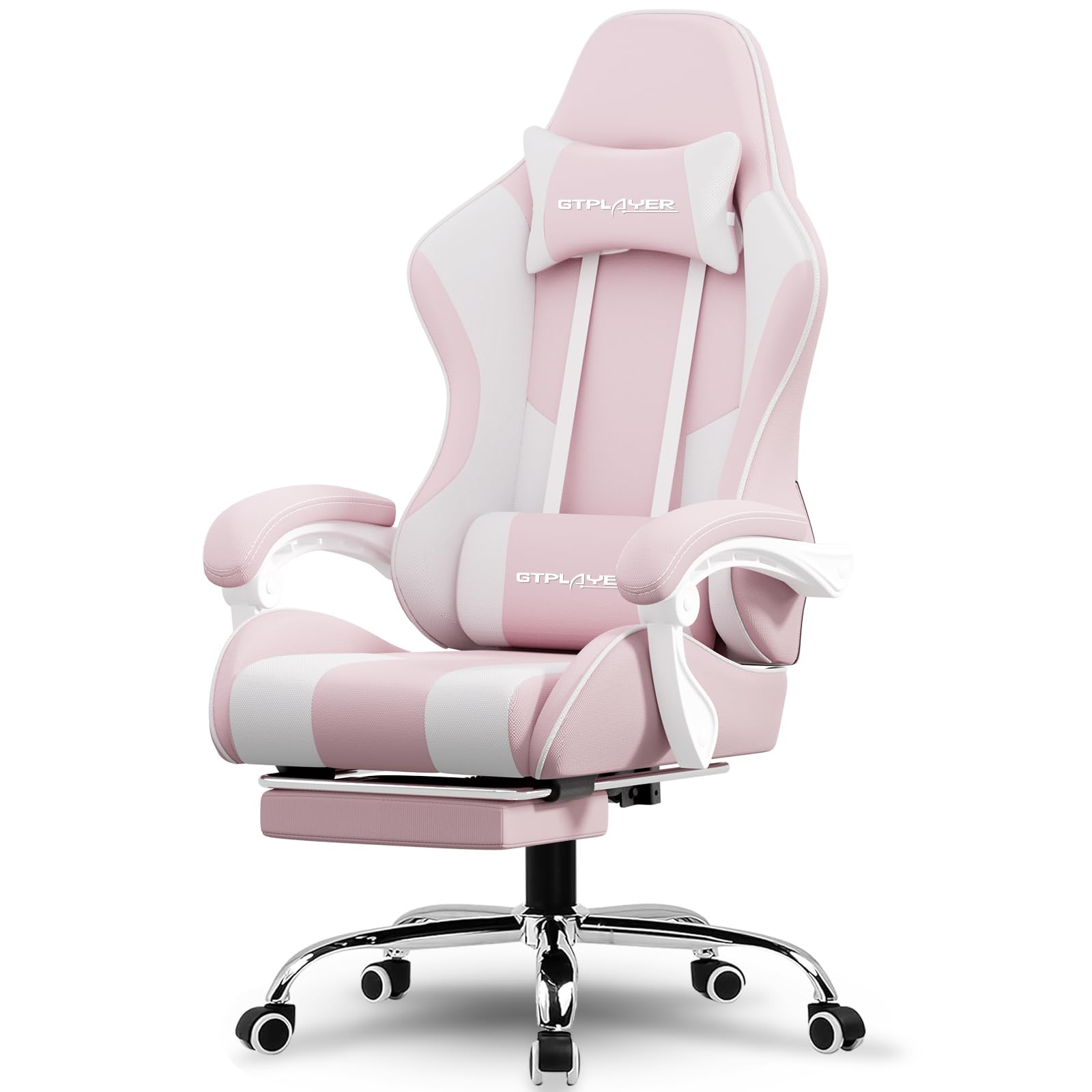 GTPLAYER Gaming Chair, Computer Chair with Footrest and Lumbar Support, Height Adjustable Game Chair with 360°-Swivel Seat and Headrest and for Office or Gaming (Pearl White)