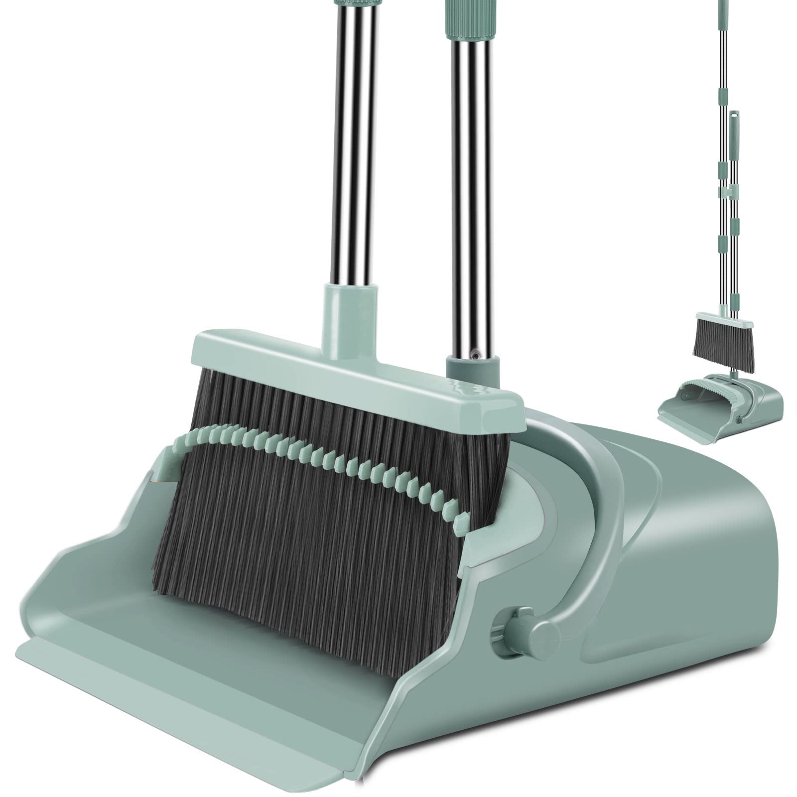 Upgrade Broom and Dustpan Set, Large Size and with Long Handle, Upright,Ideal for Indoor Outdoor Garage Kitchen Room Office Lobby Use (Green)