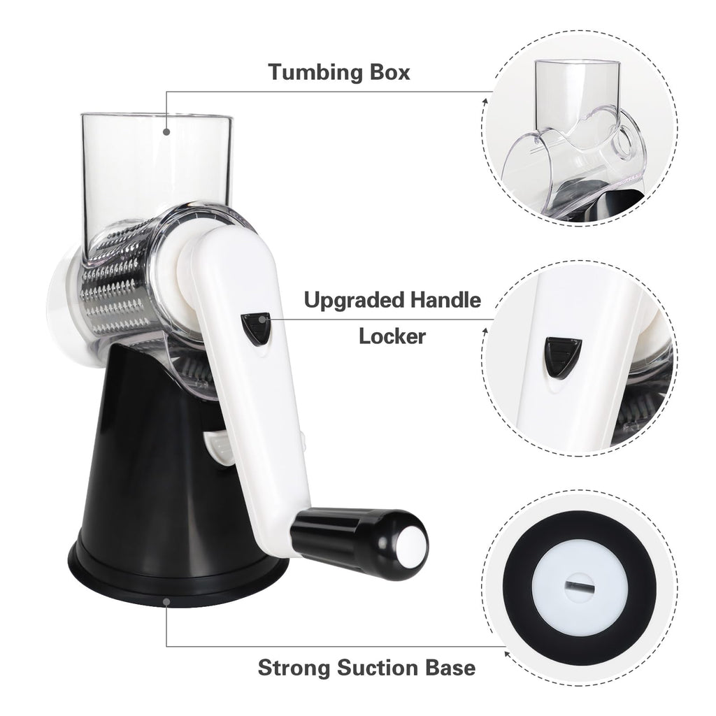Cambom Rotary Cheese Grater Hand Crank Cheese Shredder for Fresh Cheese, Vegetable, Nuts,Non-slip Suction Base, Three Blades, Black
