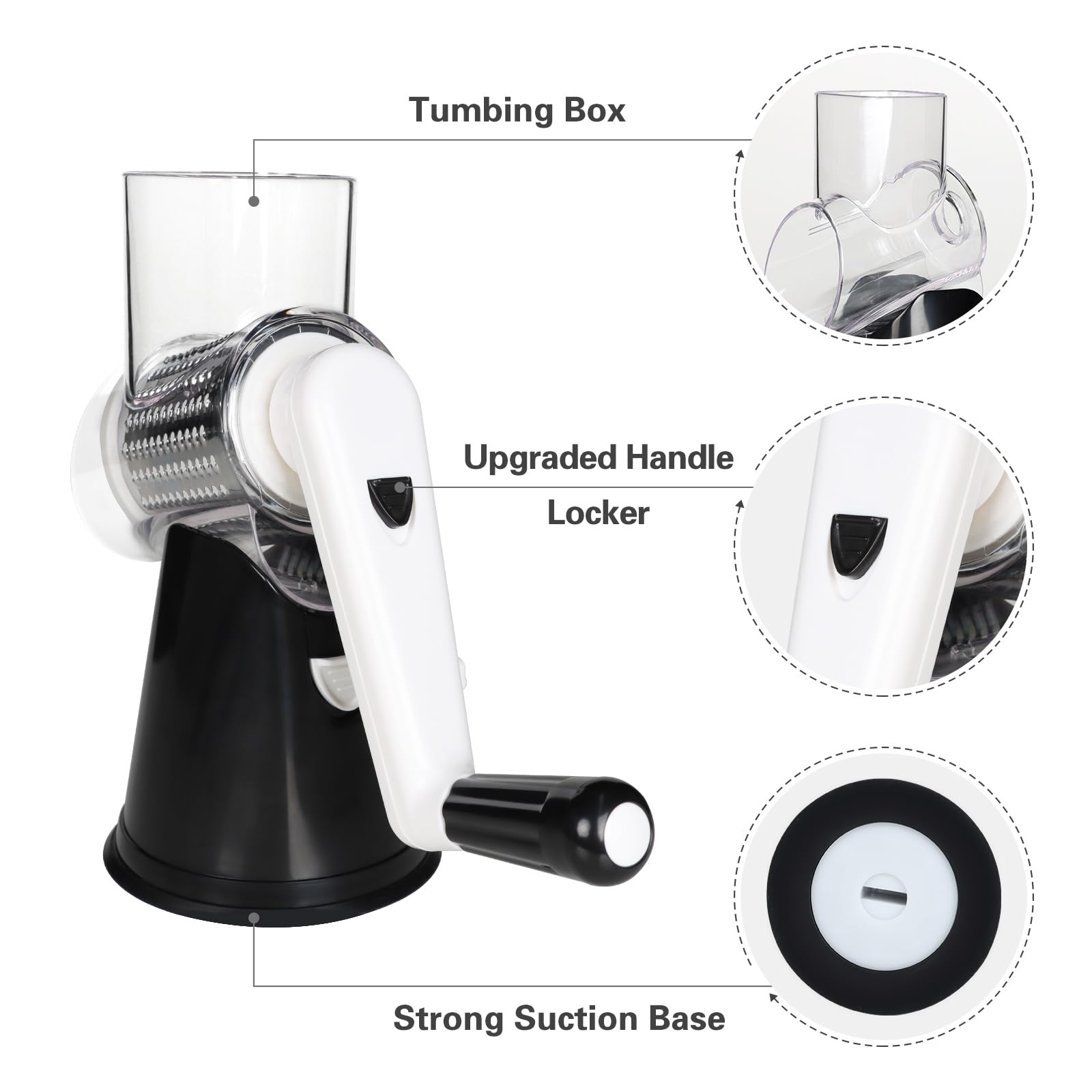 Cambom Rotary Cheese Grater Hand Crank Cheese Shredder for Fresh Cheese, Vegetable, Nuts,Non-slip Suction Base, Three Blades, Black