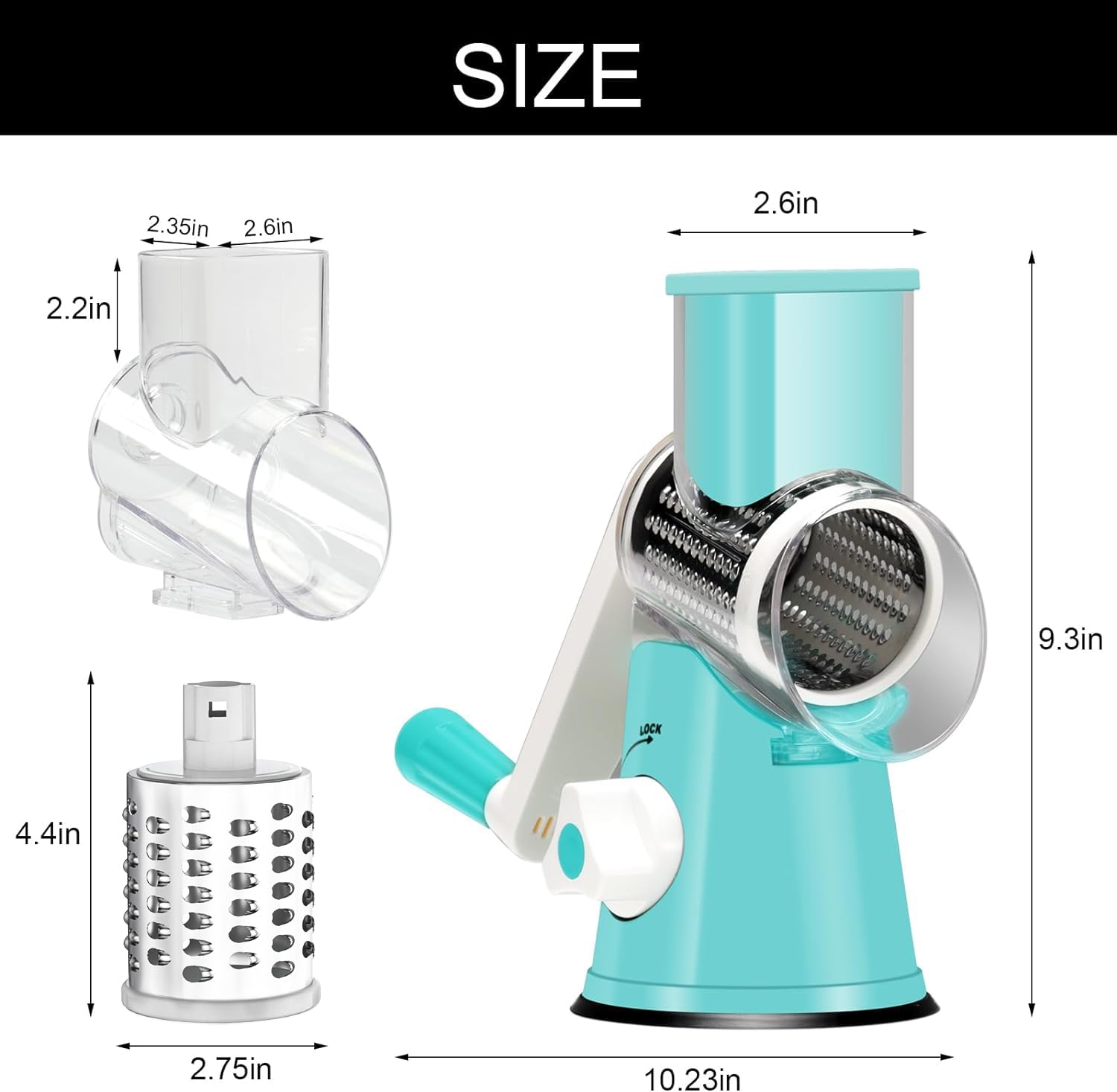 Cambom Rotary Cheese Grater Hand Crank Cheese Shredder for Fresh Cheese, Vegetable, Nuts,Non-slip Suction Base, Three Blades, Black