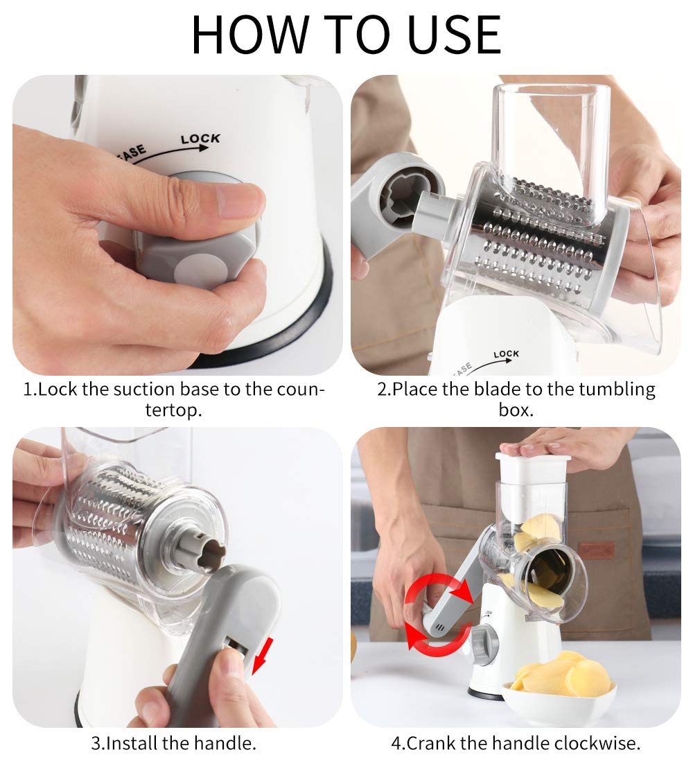 Cambom Rotary Cheese Grater Hand Crank Cheese Shredder for Fresh Cheese, Vegetable, Nuts,Non-slip Suction Base, Three Blades, Black