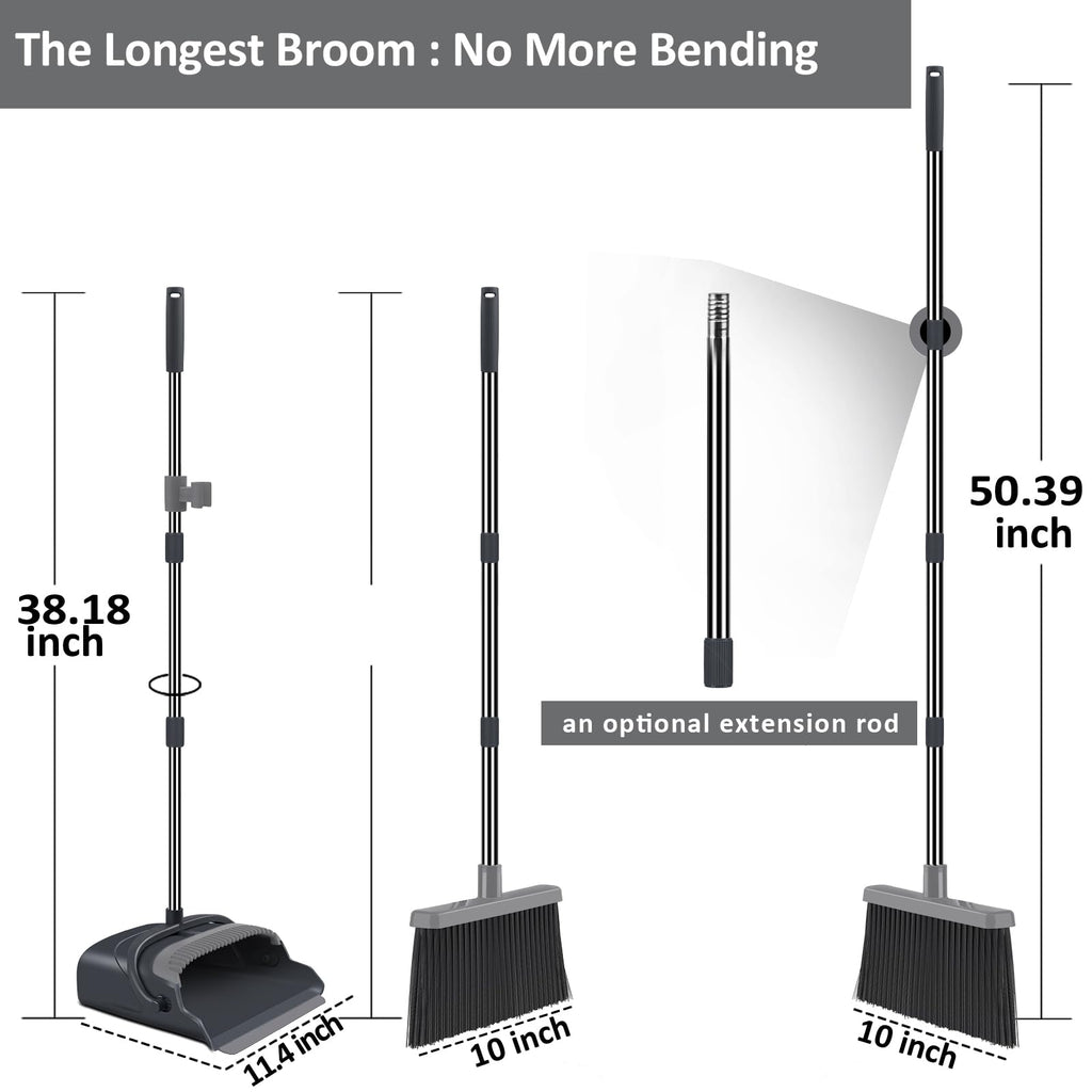 Upgrade Broom and Dustpan Set, Large Size and with Long Handle, Upright,Ideal for Indoor Outdoor Garage Kitchen Room Office Lobby Use (Green)