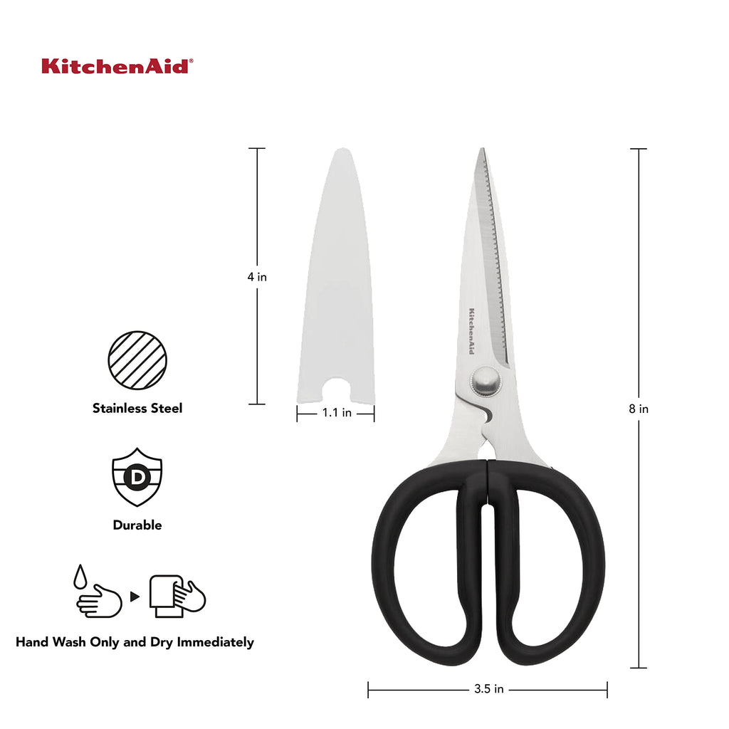 KitchenAid All Purpose Kitchen Shears with Protective Sheath Durable Stainless Steel Scissors, Dishwasher Safe, Soft Grip Comfort Handle, 8.72 Inch, Black