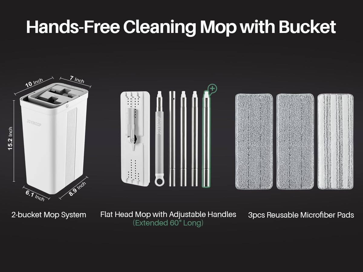 JOYMOOP Mop and Bucket Set, Hands-Free Flat Floor Mop with 3 Washable Microfiber Pads, Wet and Dry Use, Ideal for Home and Commercial Floor Cleaning