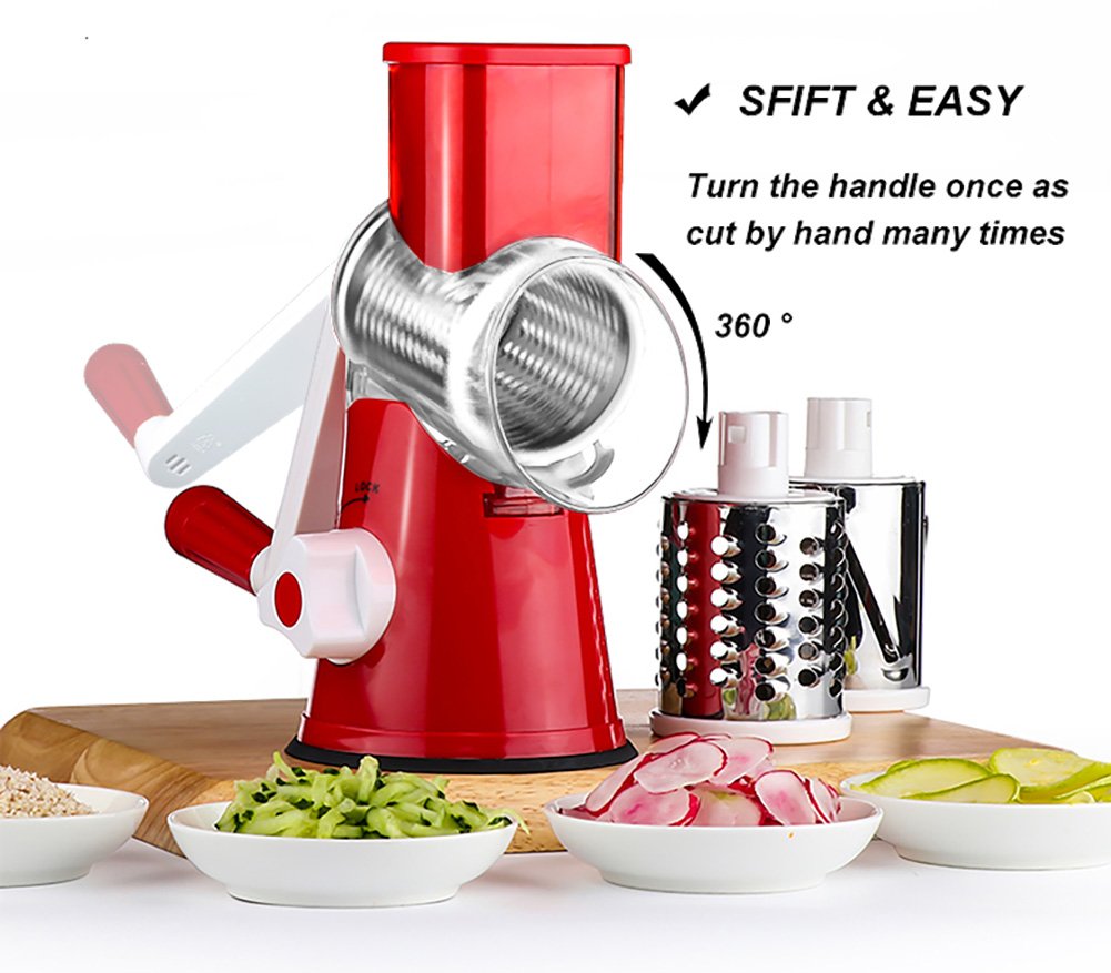 Cambom Rotary Cheese Grater Hand Crank Cheese Shredder for Fresh Cheese, Vegetable, Nuts,Non-slip Suction Base, Three Blades, Black