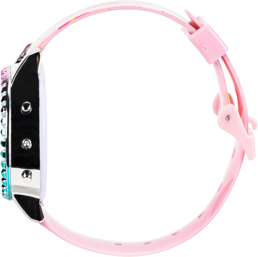 Accutime Sanrio Hello Kitty Girls' Digital LCD Quartz Watch with Pink Strap and Colorful Bezel - Fun LED Light Show - Easy to Read Time for Kids - Fits Wrist 5.5"-8"