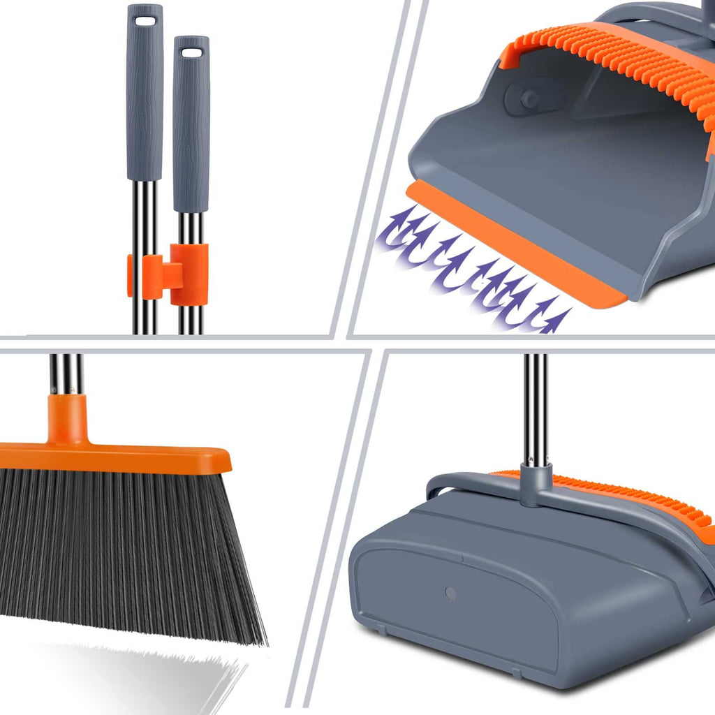 Upgrade Broom and Dustpan Set, Large Size and with Long Handle, Upright,Ideal for Indoor Outdoor Garage Kitchen Room Office Lobby Use (Green)