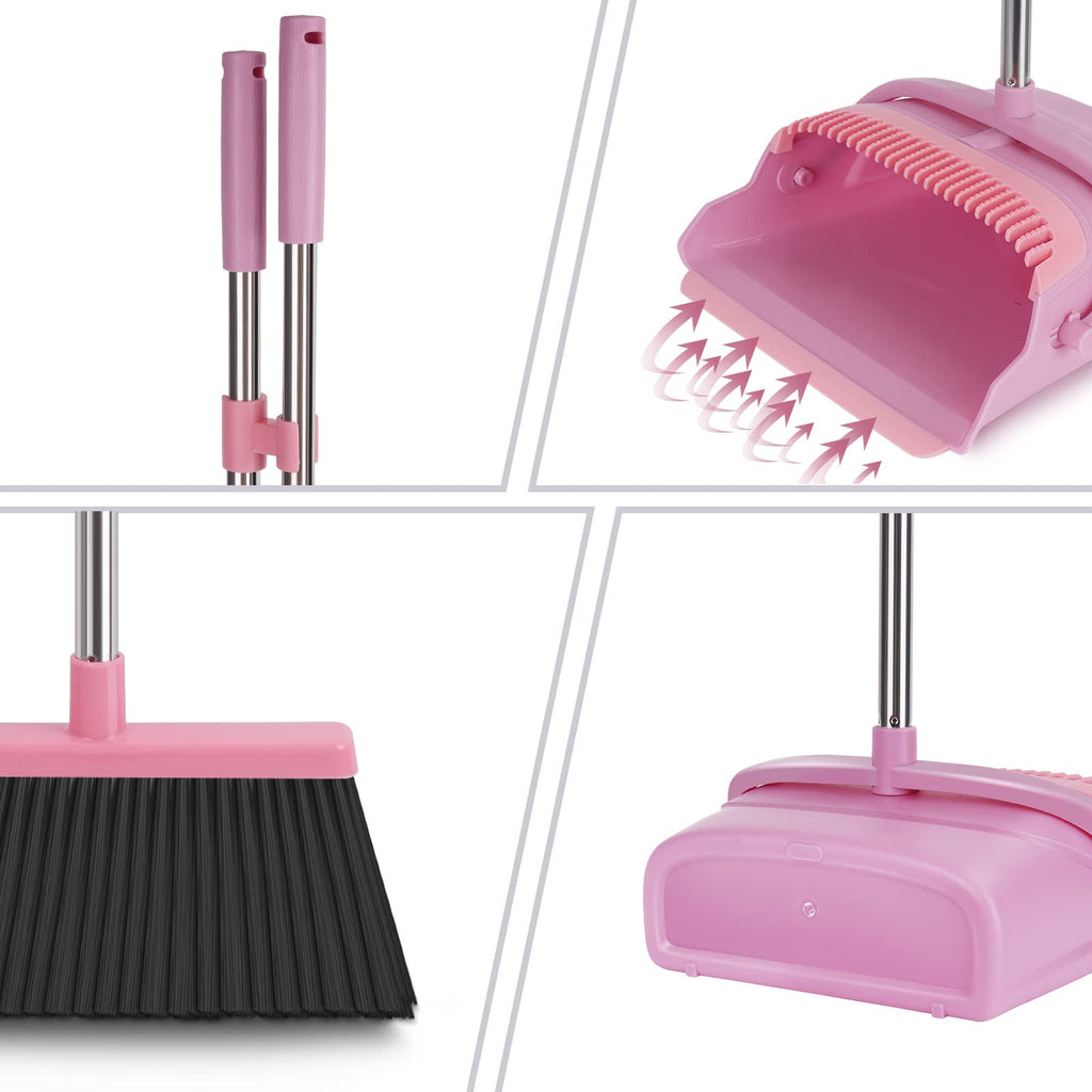 Upgrade Broom and Dustpan Set, Large Size and with Long Handle, Upright,Ideal for Indoor Outdoor Garage Kitchen Room Office Lobby Use (Green)