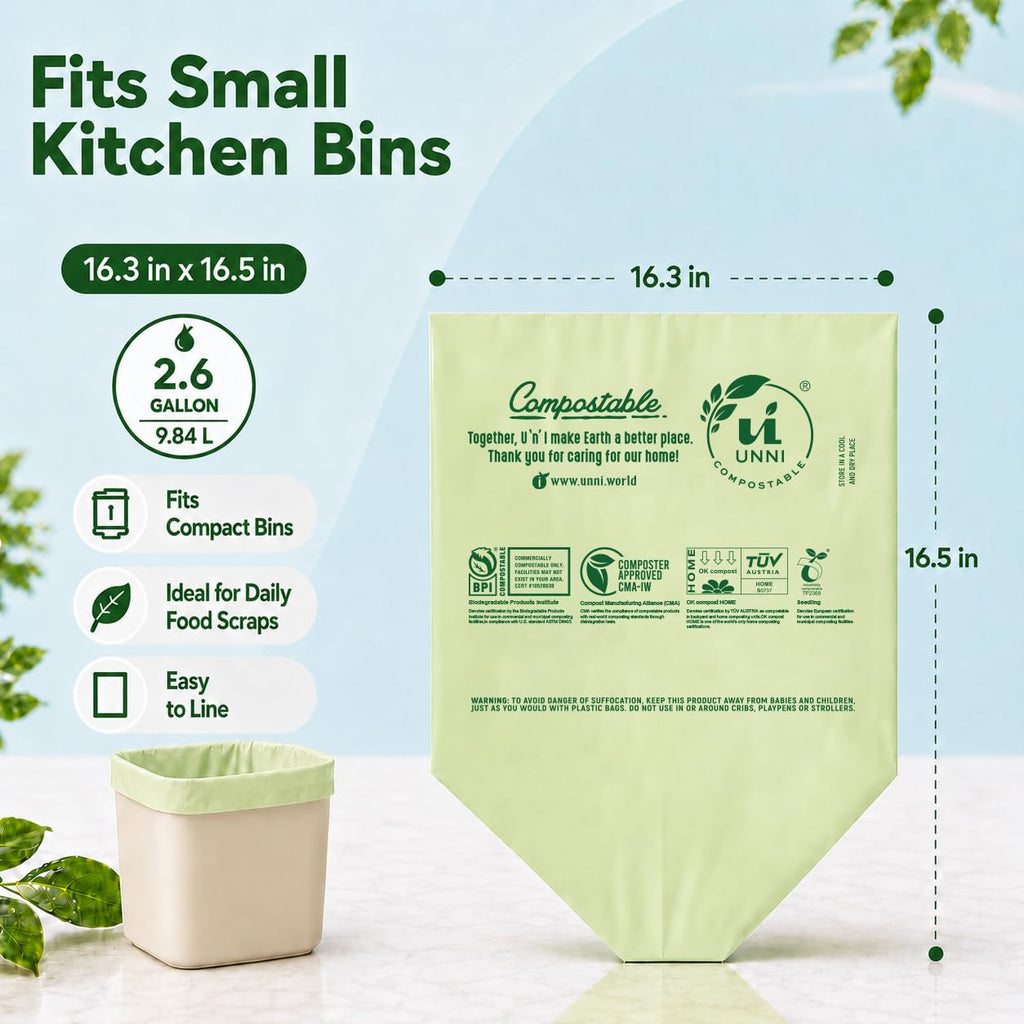 UNNI Compostable Trash Bags, 2.6 Gallon / 9.84 Liter, 100 Count, Extra Thick 0.71 Mil Small Kitchen Food Scrap Bin Liners, Certified by BPI, CMA & OK compost HOME, Meets the ASTM D6400 Standard