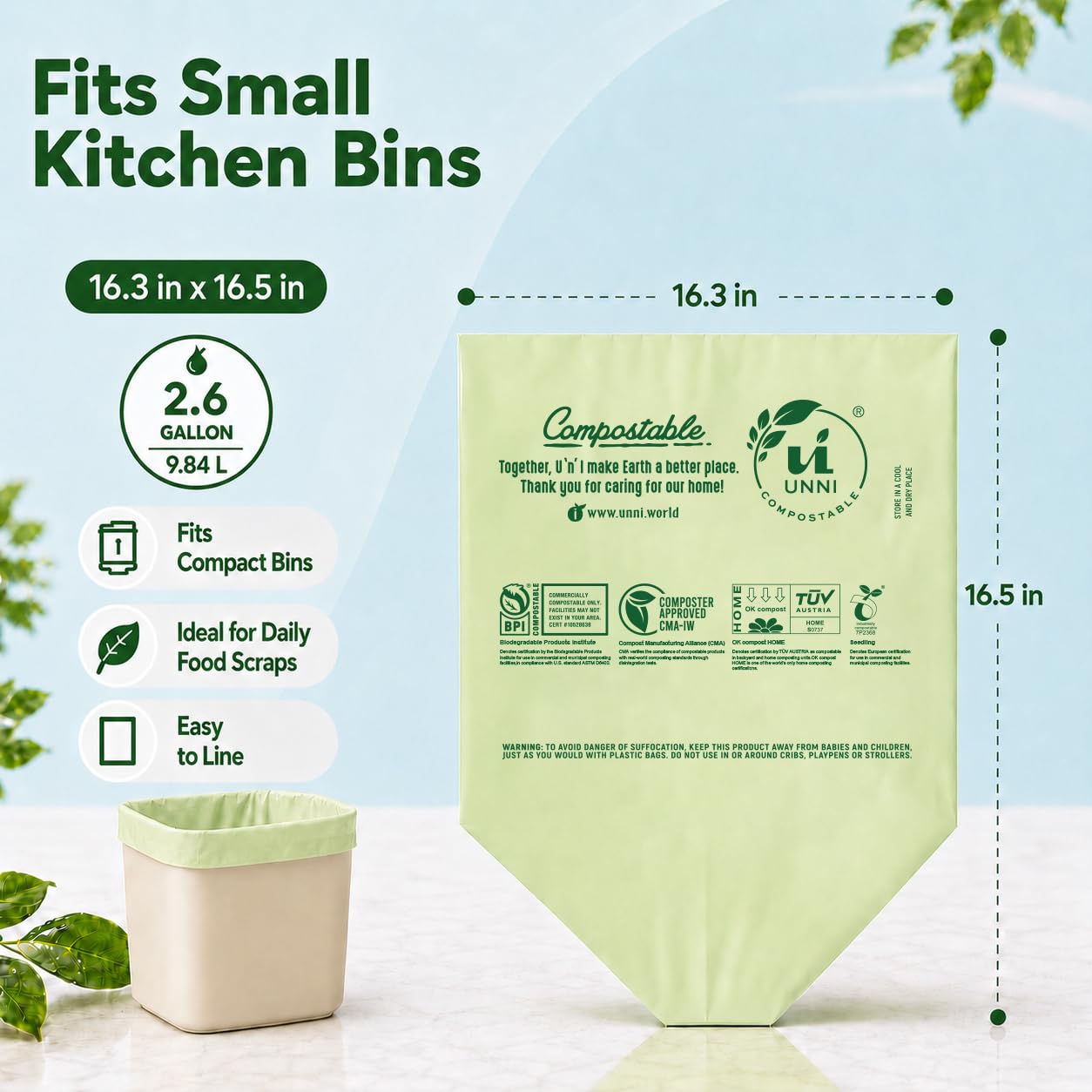 UNNI Compostable Trash Bags, 2.6 Gallon / 9.84 Liter, 100 Count, Extra Thick 0.71 Mil Small Kitchen Food Scrap Bin Liners, Certified by BPI, CMA & OK compost HOME, Meets the ASTM D6400 Standard