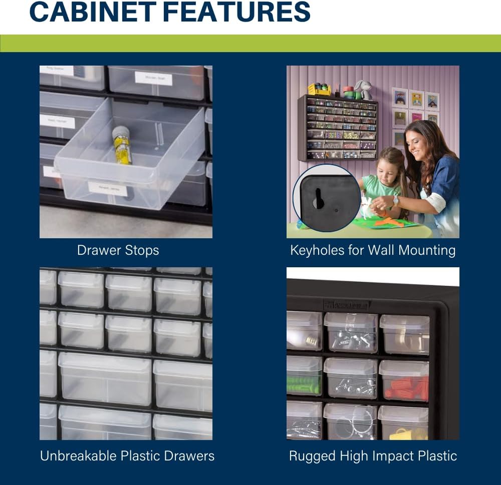 Akro-Mils 26-Drawer Plastic Drawer Storage Cabinet for Garage Organization, Bead Organizer, Building Bricks Storage, Teacher Toolbox, Makeup Organizer, 20" W x 6" D x 10" H, 10126 Yellow