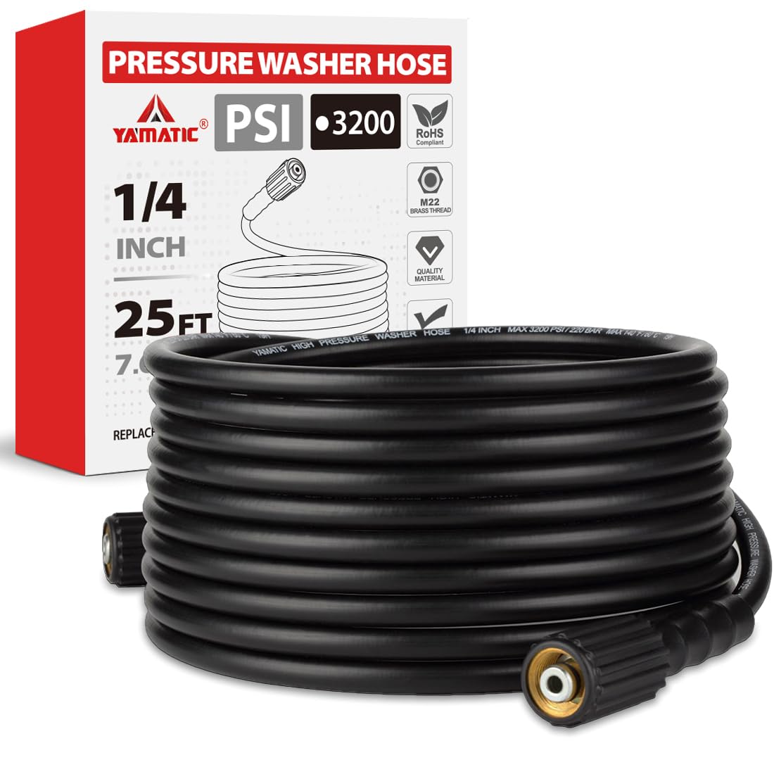 YAMATIC Pressure Washer Hose 50FT x 1/4", 3200 PSI Kink Resistant Power Washer Replacement Hose, M22-14mm Female Brass Fittings for Ryobi Troy-Bilt Greenworks Craftsman