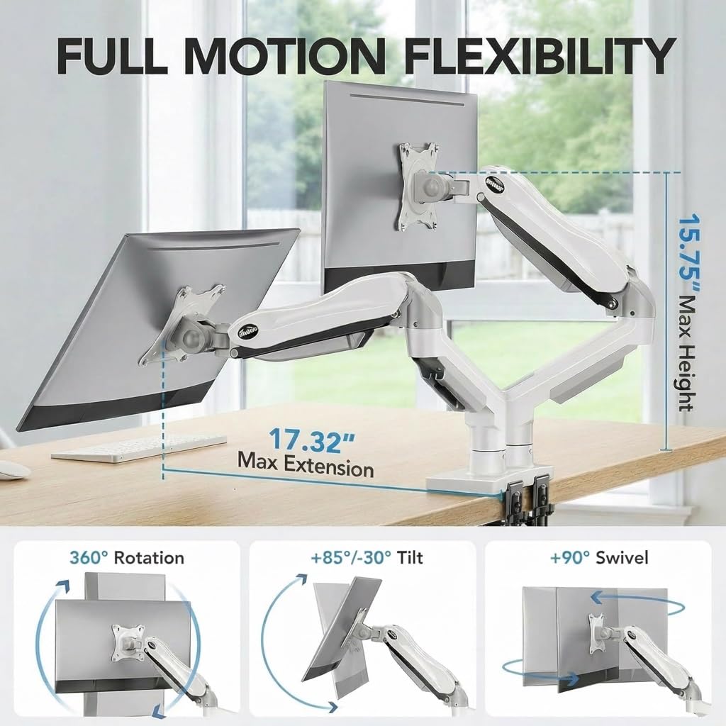 HUANUO FlowLift™ Dual Monitor Stand, Fully Adjustable Gaming Monitor Desk Mount for 13–32″ Computer Screens, Full Motion VESA 75x75/100x100 with C-Clamp & Grommet Base, Each Arm Holds 4.4 to 19.8 lbs