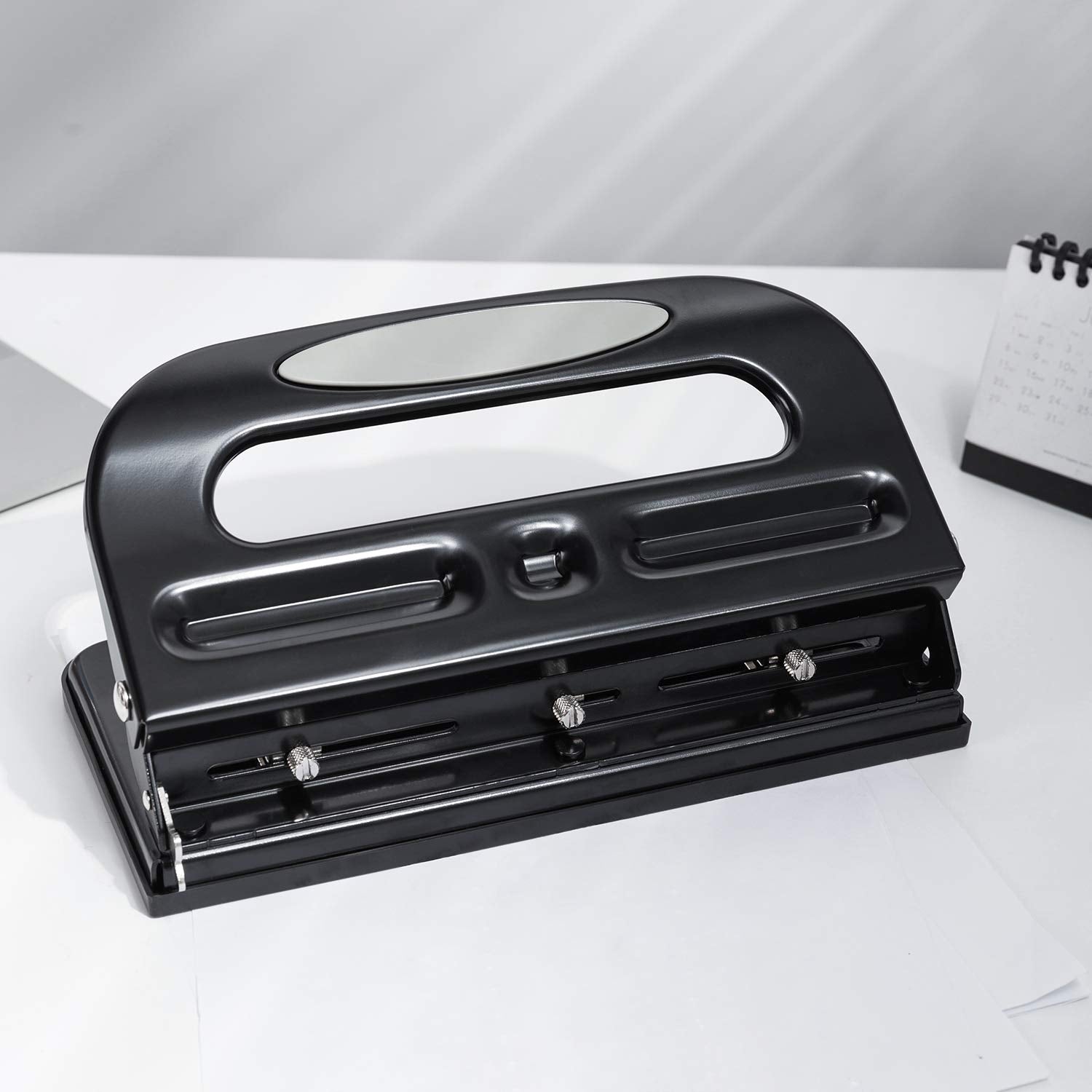 Amazon Basics 3 Hole Punch, 10 Sheet Capacity, Black, Easy-Clean Tray