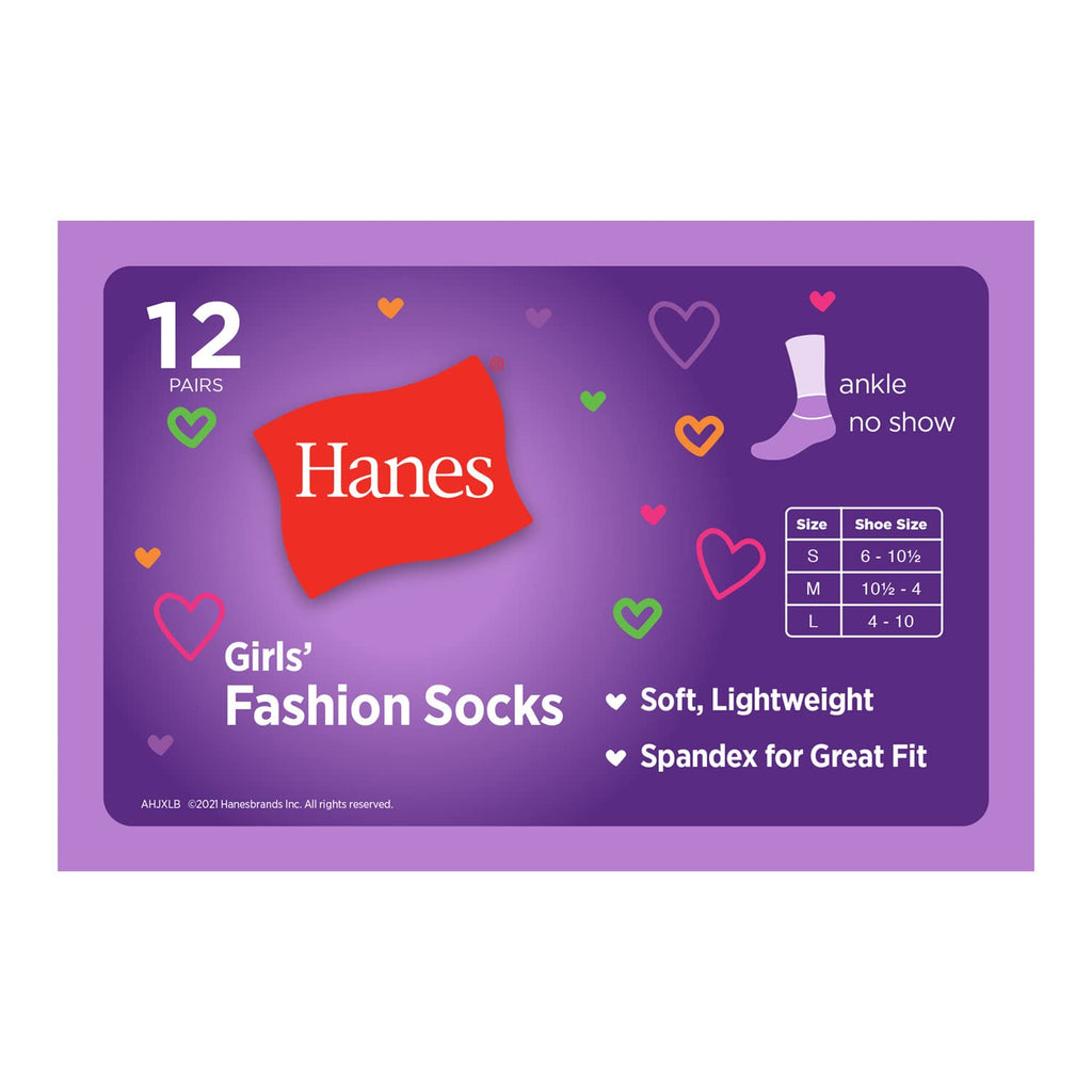 Hanes Girls' Socks, Fashion Patterned Soft Socks, No Show, Ankle, and Crew, 12-pair Packs