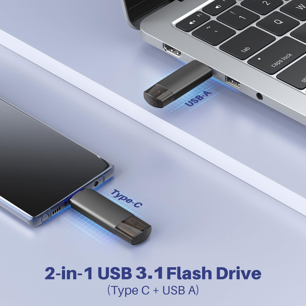 JOIOT 256GB USB C Flash Drive Dual USB 3.0 Type C + USB A Portable 2-in-1 Thumb Drive for Smartphone Tablet Computer Mac iPhone 15 Black