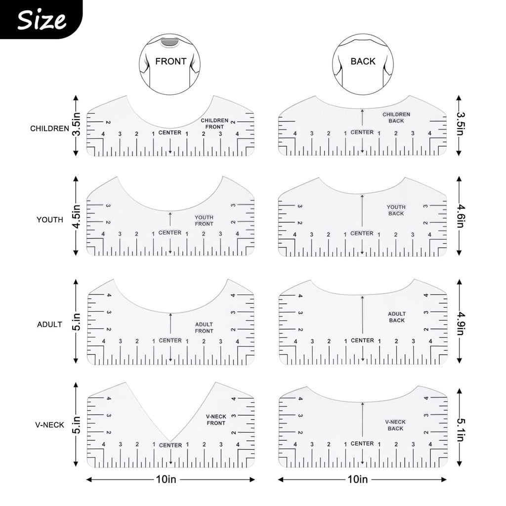 9Pcs Tshirt-Ruler Guide to Center Vinyl, Transparent V-Neck/Round PVC Ruler for Alignment, Heat Press, Children Youth Adult, Front and Back Measurement (10in)
