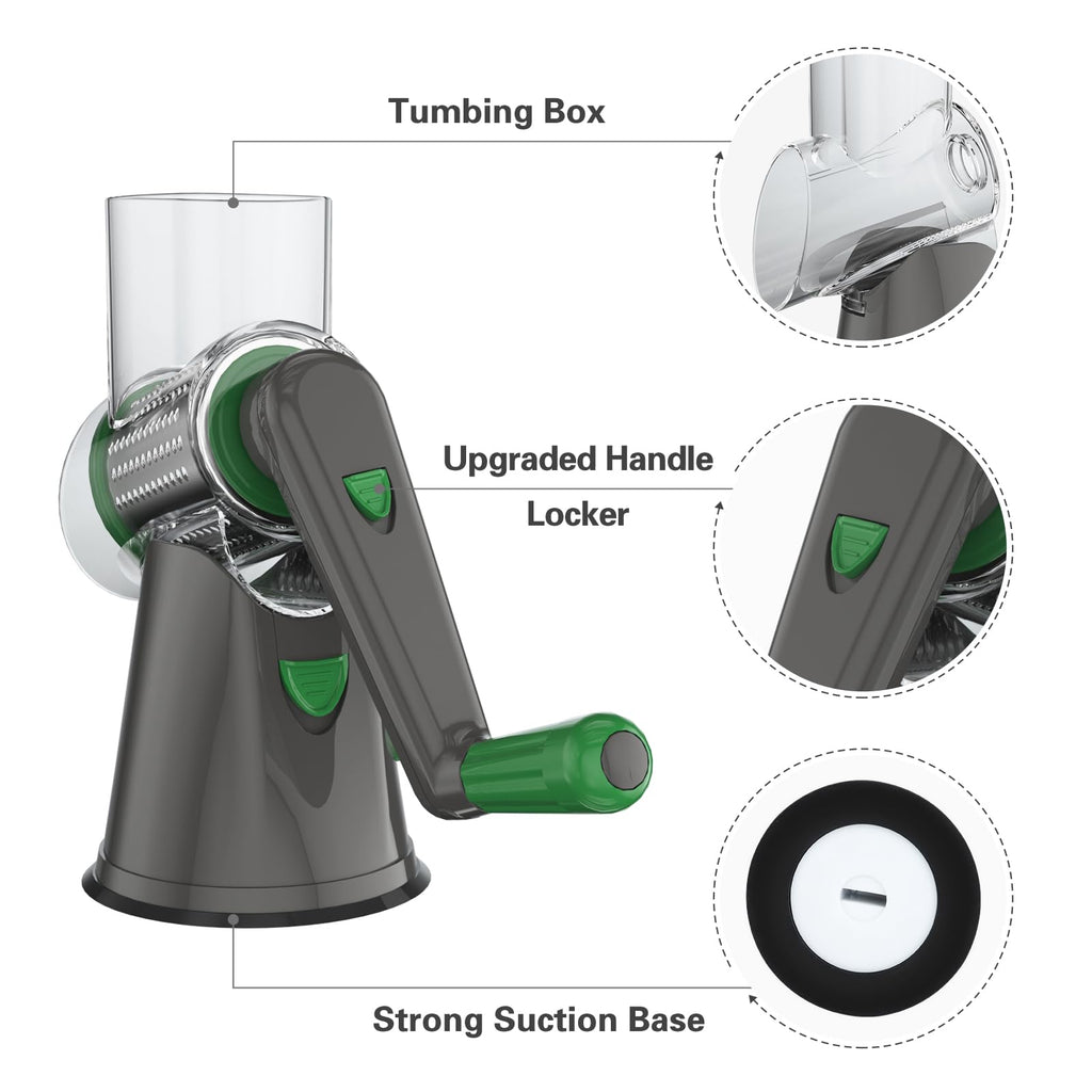 Cambom Rotary Cheese Grater Hand Crank Cheese Shredder for Fresh Cheese, Vegetable, Nuts,Non-slip Suction Base, Three Blades, Black