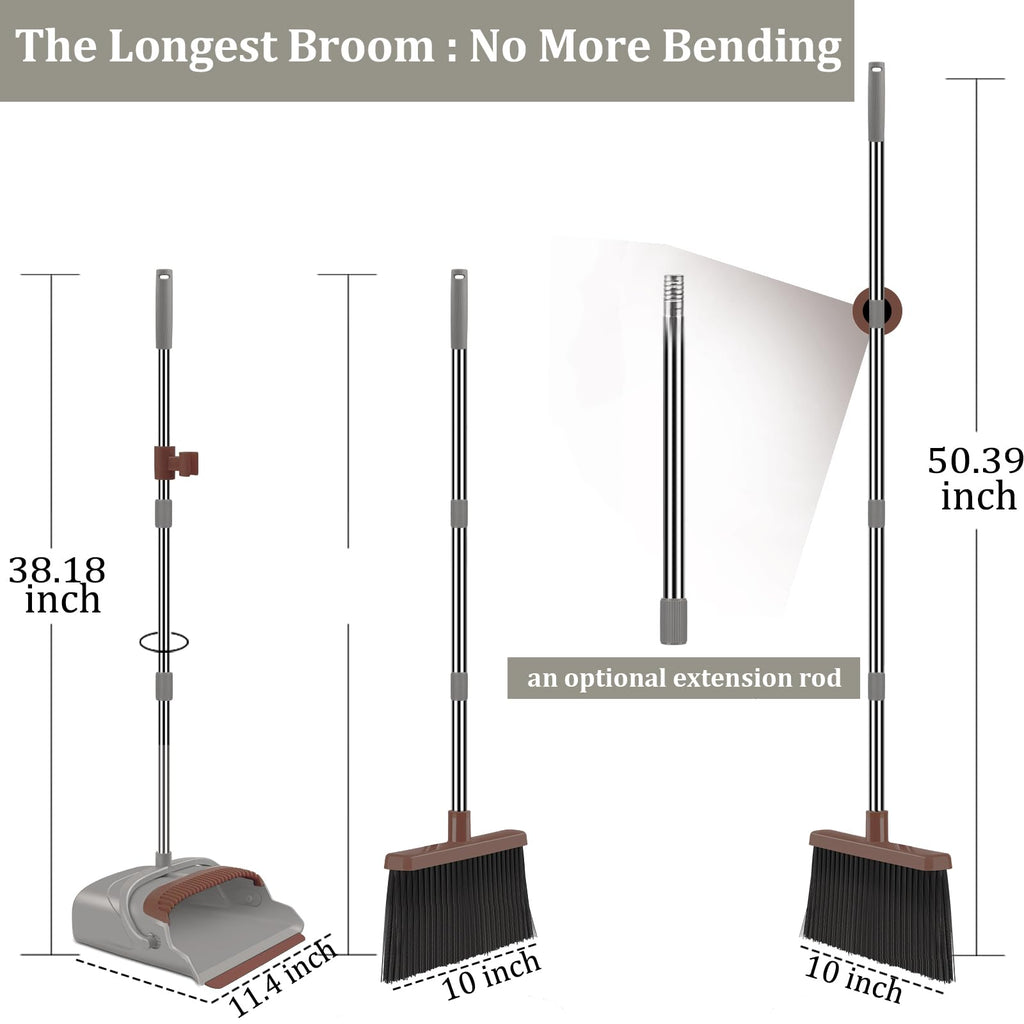 Upgrade Broom and Dustpan Set, Large Size and with Long Handle, Upright,Ideal for Indoor Outdoor Garage Kitchen Room Office Lobby Use (Green)