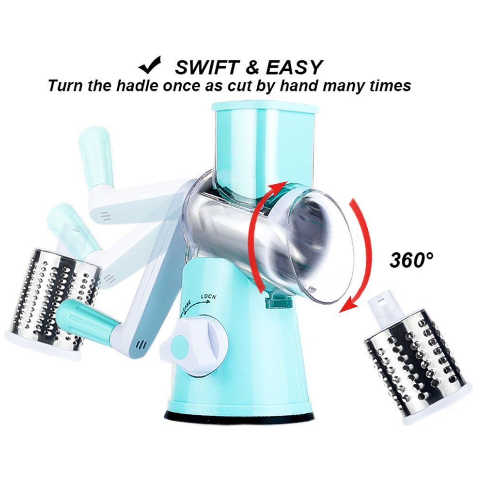 Cambom Rotary Cheese Grater Hand Crank Cheese Shredder for Fresh Cheese, Vegetable, Nuts,Non-slip Suction Base, Three Blades, Black