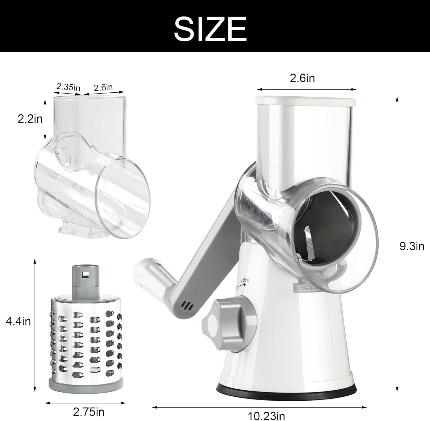 Cambom Rotary Cheese Grater Hand Crank Cheese Shredder for Fresh Cheese, Vegetable, Nuts,Non-slip Suction Base, Three Blades, Black