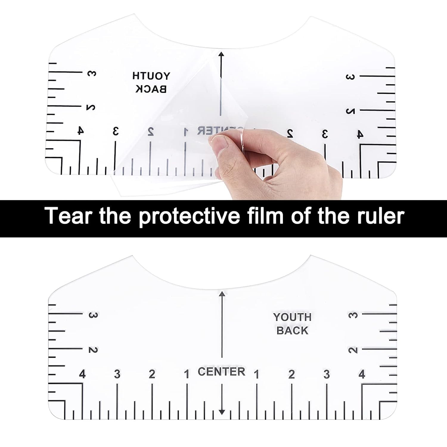 9Pcs Tshirt-Ruler Guide to Center Vinyl, Transparent V-Neck/Round PVC Ruler for Alignment, Heat Press, Children Youth Adult, Front and Back Measurement (10in)