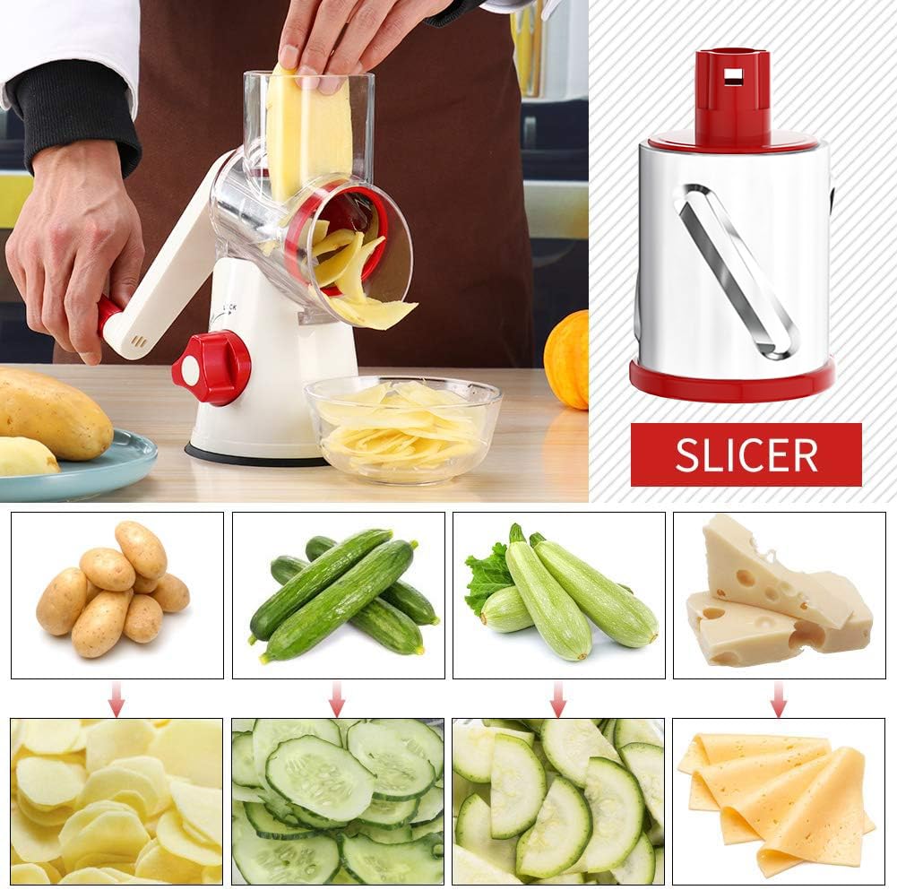 Cambom Rotary Cheese Grater Hand Crank Cheese Shredder for Fresh Cheese, Vegetable, Nuts,Non-slip Suction Base, Three Blades, Black