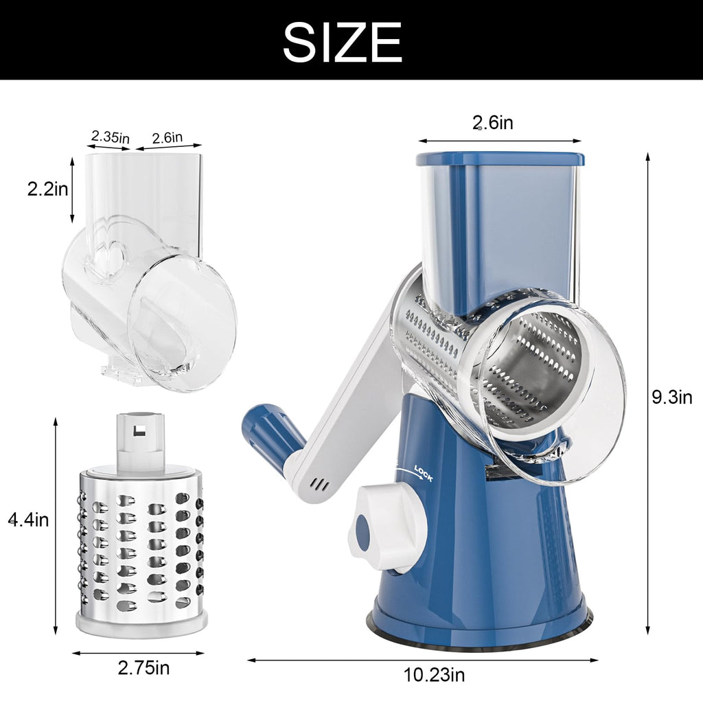 Cambom Rotary Cheese Grater Hand Crank Cheese Shredder for Fresh Cheese, Vegetable, Nuts,Non-slip Suction Base, Three Blades, Black