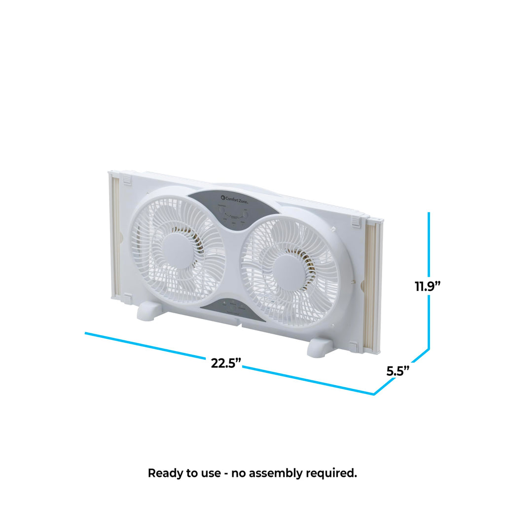 Comfort Zone Twin Window Fan with Reversible Airflow Control, 9 inch, Auto-Locking Expanders, 2 Speed Fan, Dual Fan, Exhaust, Airflow 9.84 ft/sec, Ideal for Home, Kitchen, Bedroom & Office, CZ319WT
