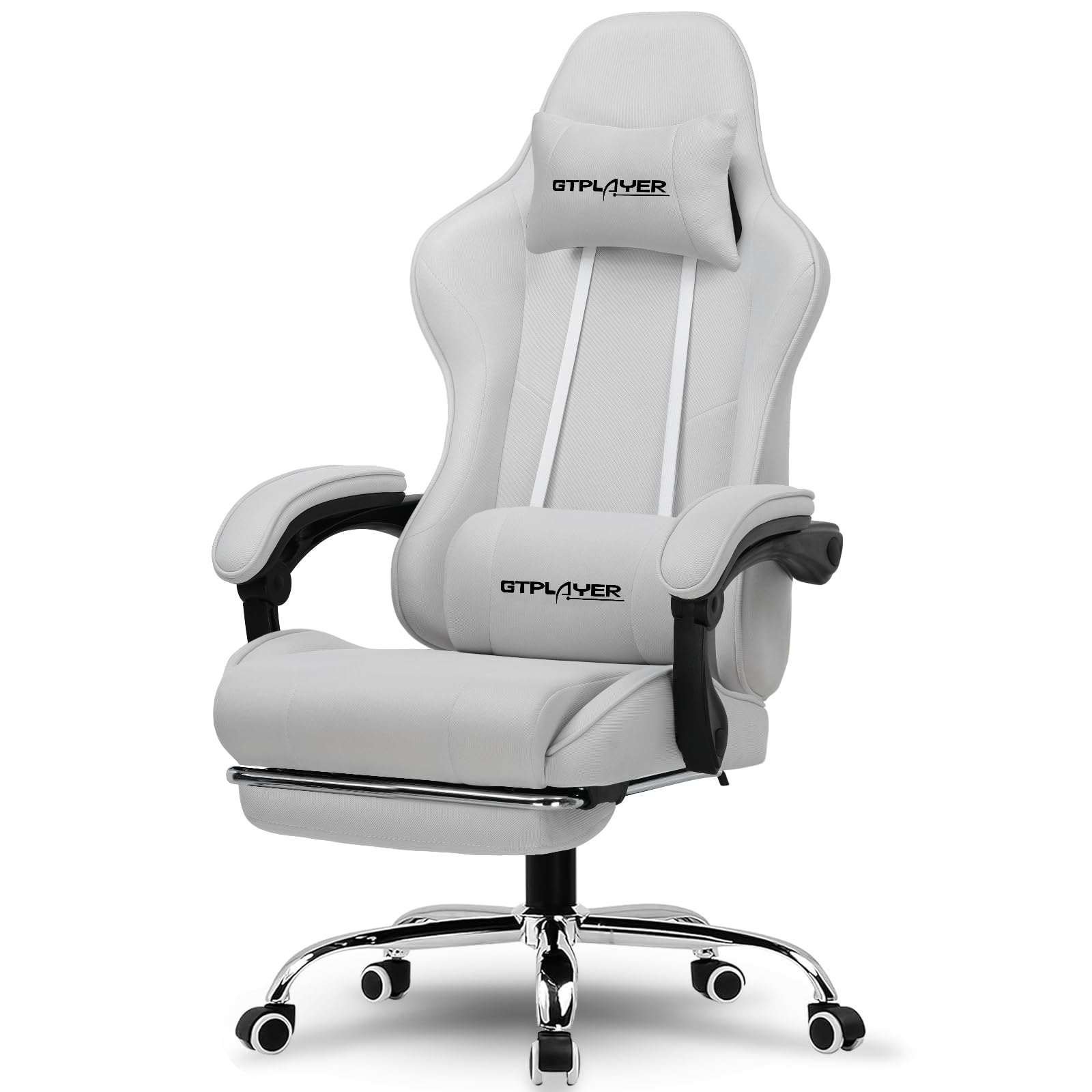 GTPLAYER Gaming Chair, Computer Chair with Footrest and Lumbar Support, Height Adjustable Game Chair with 360°-Swivel Seat and Headrest and for Office or Gaming (Pearl White)
