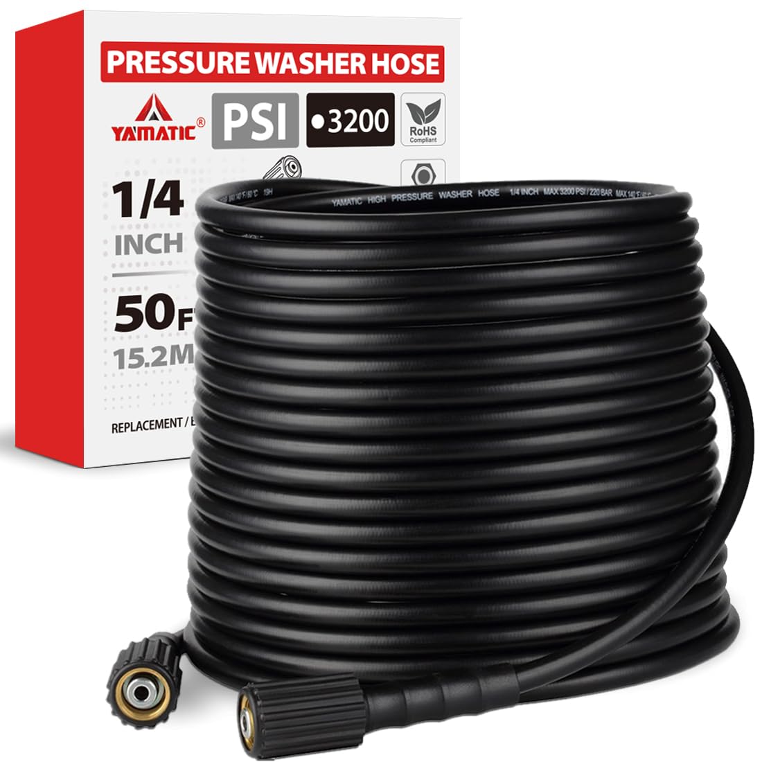 YAMATIC Pressure Washer Hose 50FT x 1/4", 3200 PSI Kink Resistant Power Washer Replacement Hose, M22-14mm Female Brass Fittings for Ryobi Troy-Bilt Greenworks Craftsman