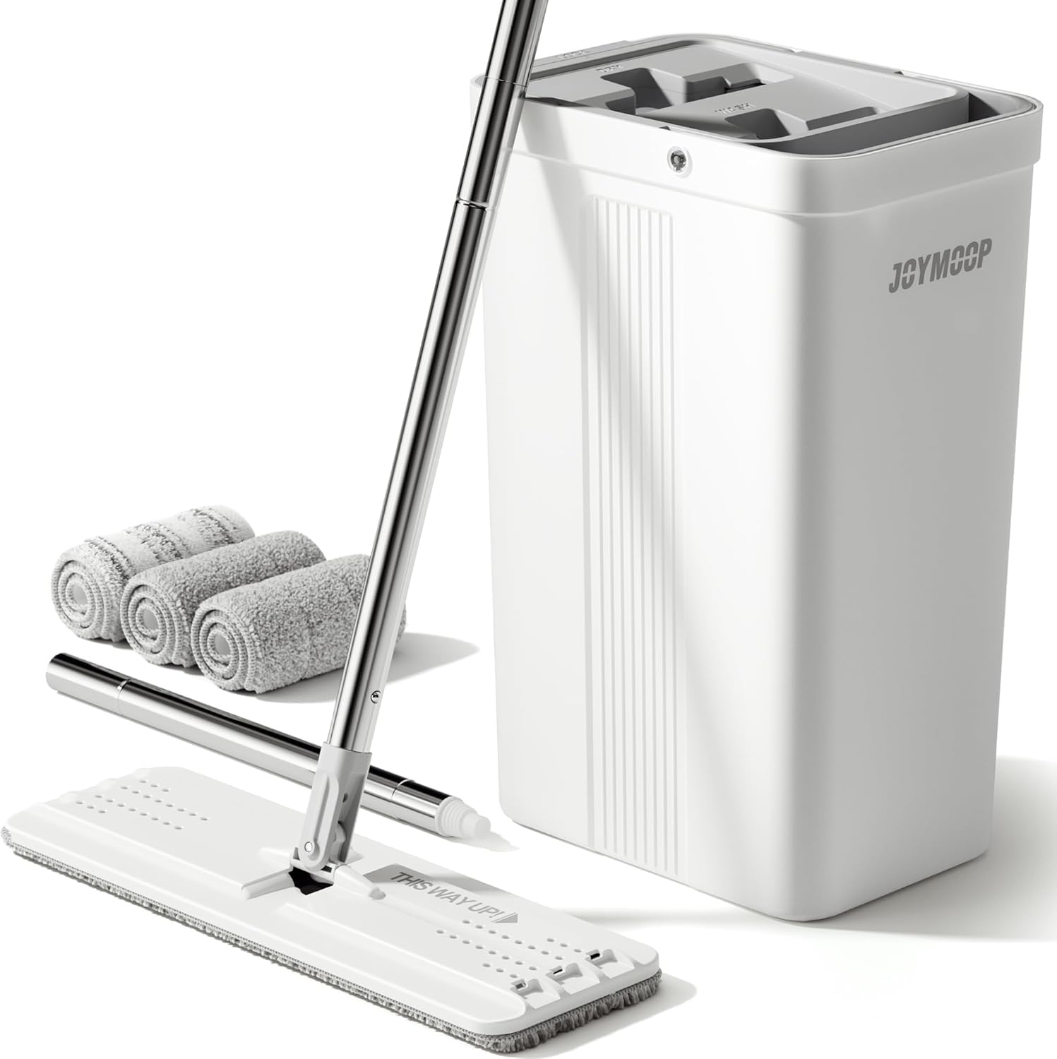 JOYMOOP Mop and Bucket Set, Hands-Free Flat Floor Mop with 3 Washable Microfiber Pads, Wet and Dry Use, Ideal for Home and Commercial Floor Cleaning