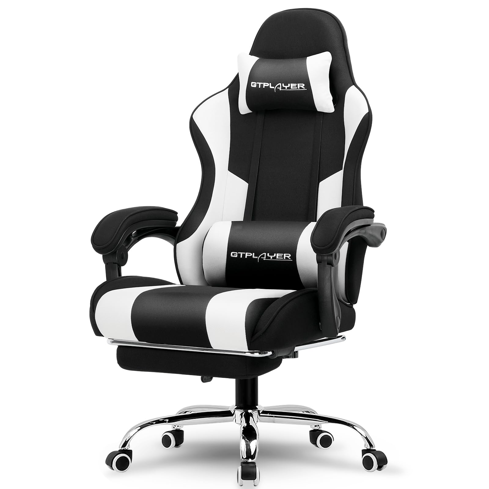 GTPLAYER Gaming Chair, Computer Chair with Footrest and Lumbar Support, Height Adjustable Game Chair with 360°-Swivel Seat and Headrest and for Office or Gaming (Pearl White)