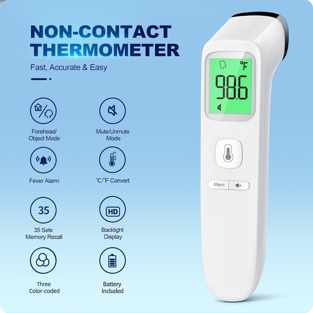 No-Touch Thermometer for Adults and Kids, Accurate Digital Baby Thermometer | 1s Fast Reading, Fever Alarm, Silent Mode, 35-Reading Memory, Forehead & Object Mode, AAA Battery Included, for Home & Clinic
