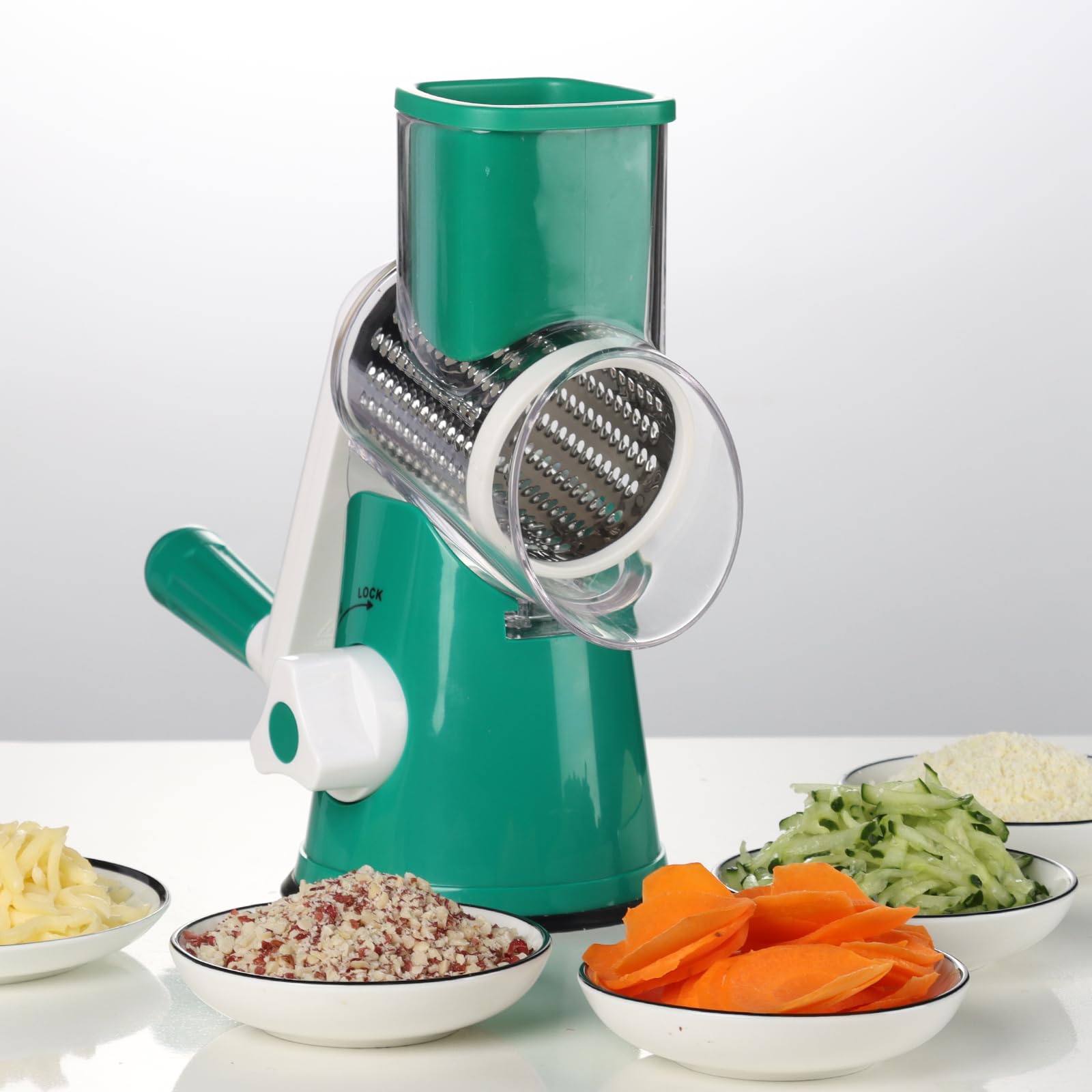 Cambom Rotary Cheese Grater Hand Crank Cheese Shredder for Fresh Cheese, Vegetable, Nuts,Non-slip Suction Base, Three Blades, Black